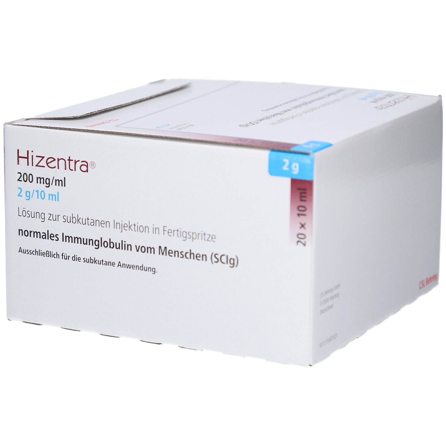 Weiße Verpackung mit Produktnamen HIZENTRA 200 mg/ml. Enthält normales Immunglobulin vom Menschen. 20 x 10 ml. CSL Behring.