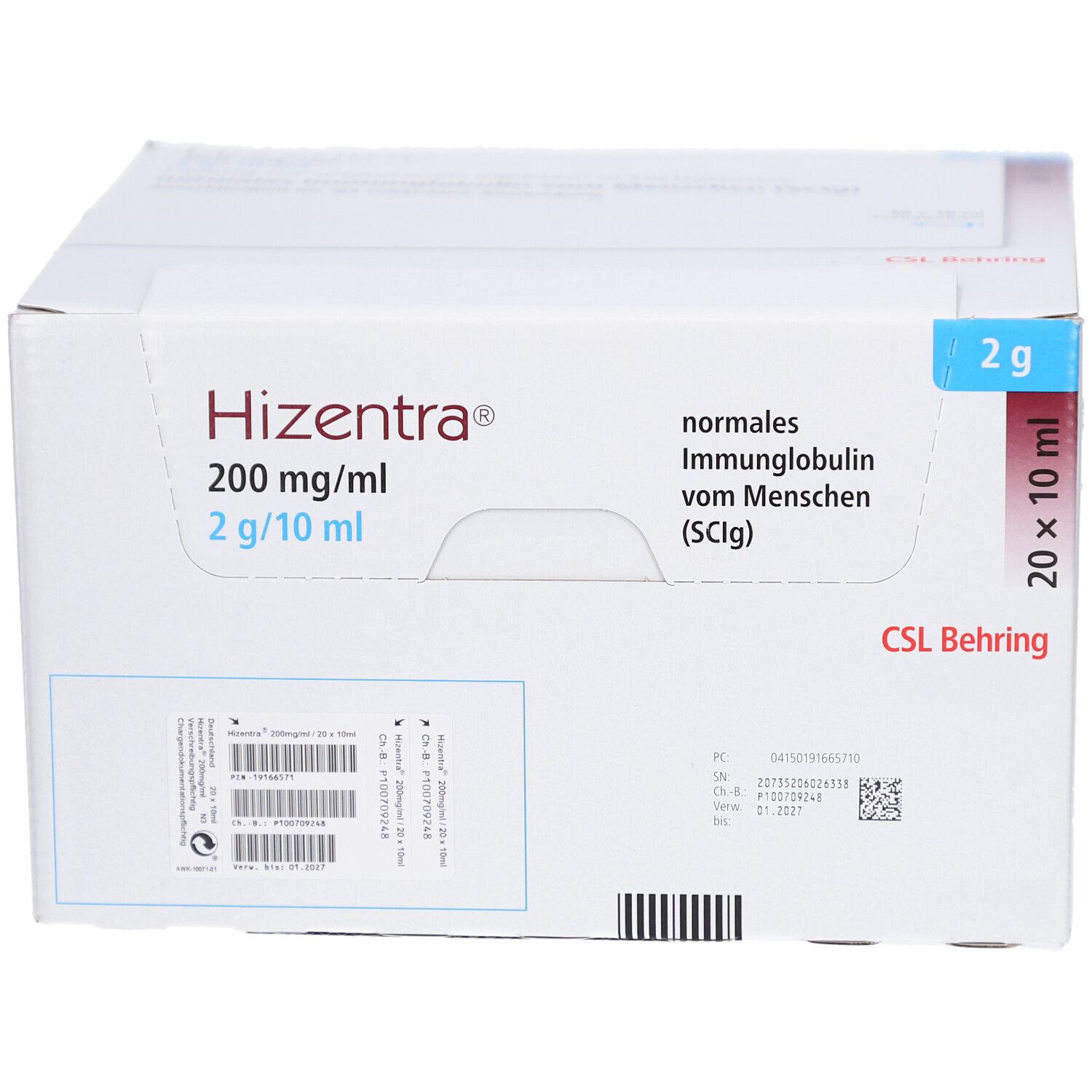 Weiße Verpackung mit Produktnamen HIZENTRA 200 mg/ml. Enthält normales Immunglobulin vom Menschen. 20 x 10 ml. CSL Behring. Etikett.