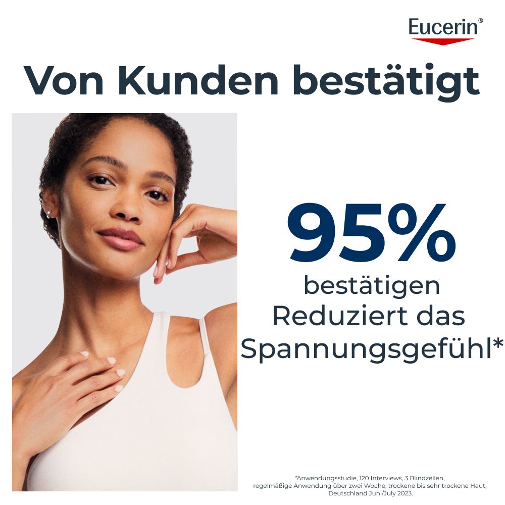 Frau mit trockener Haut, 95% bestätigen Reduzierung des Spannungsgefühls mit Eucerin UreaRepair.