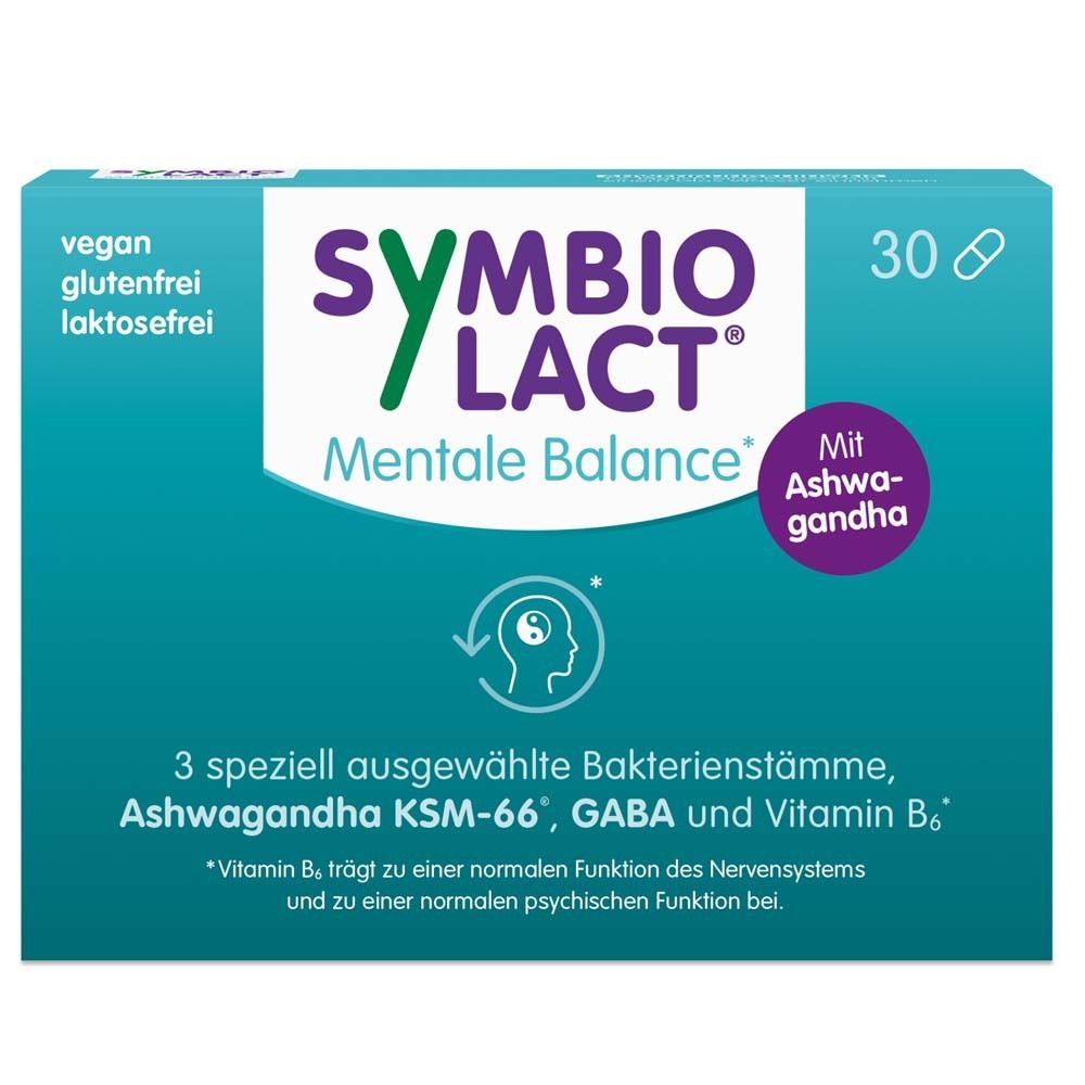 Blau-weiße Schachtel mit Produktnamen SymbioLact Mentale Balance. 30 Kapseln. Vegan, glutenfrei, laktosefrei.