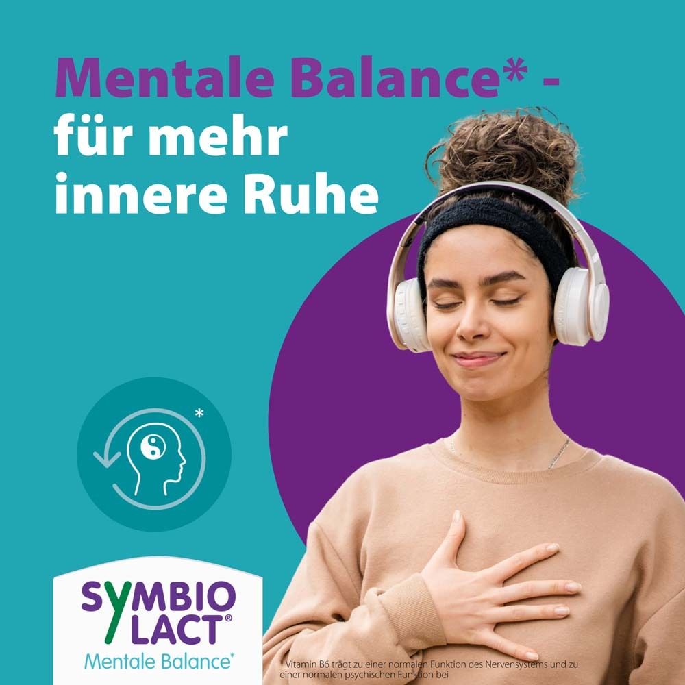 Frau mit Kopfhörern und Hand auf der Brust. Text: Mentale Balance für mehr innere Ruhe. SymbioLact Logo.