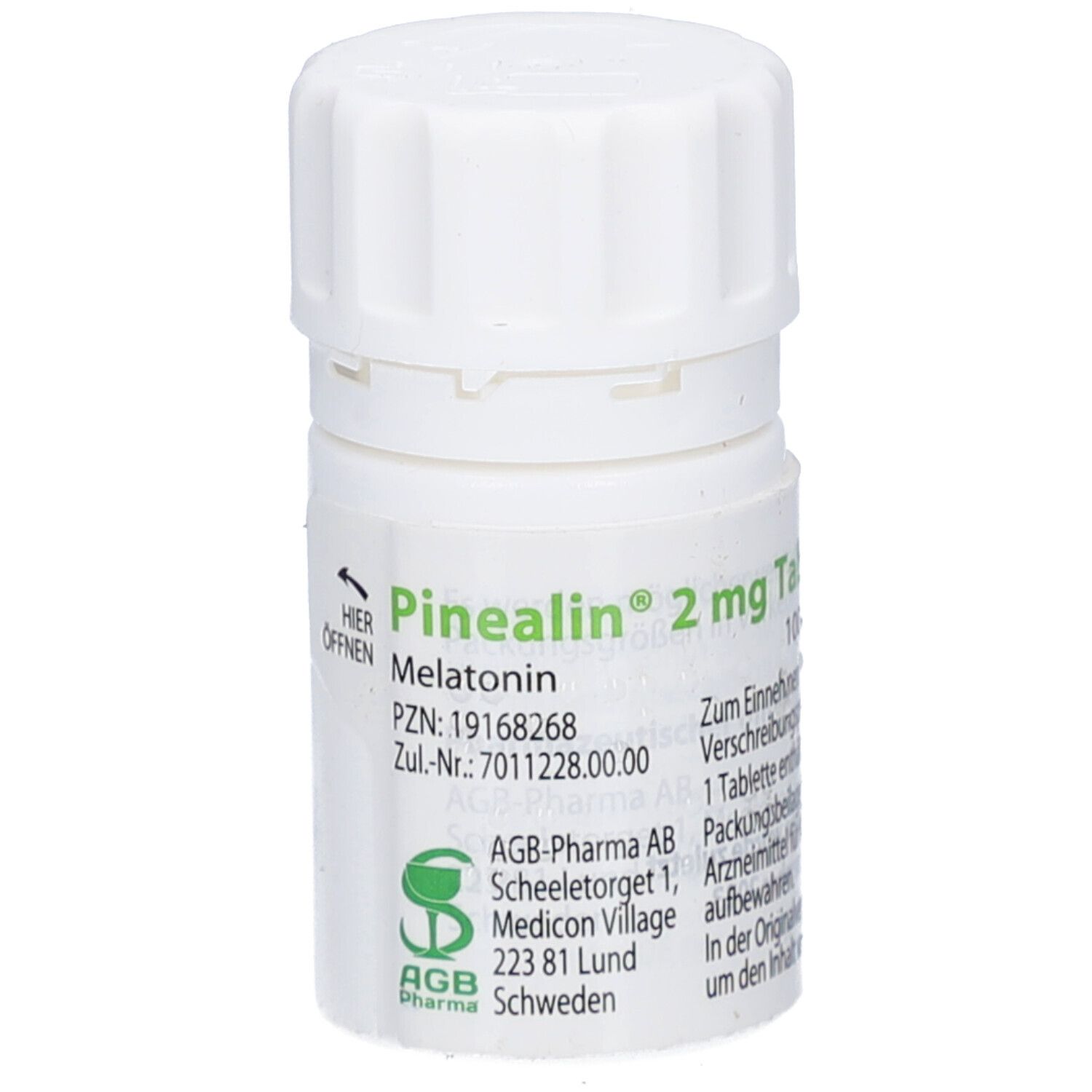 Weiße Tablettenflasche mit Schraubverschluss. Beschriftung: Pinealin 2 mg Tabletten, Melatonin. Herstellerinformationen.