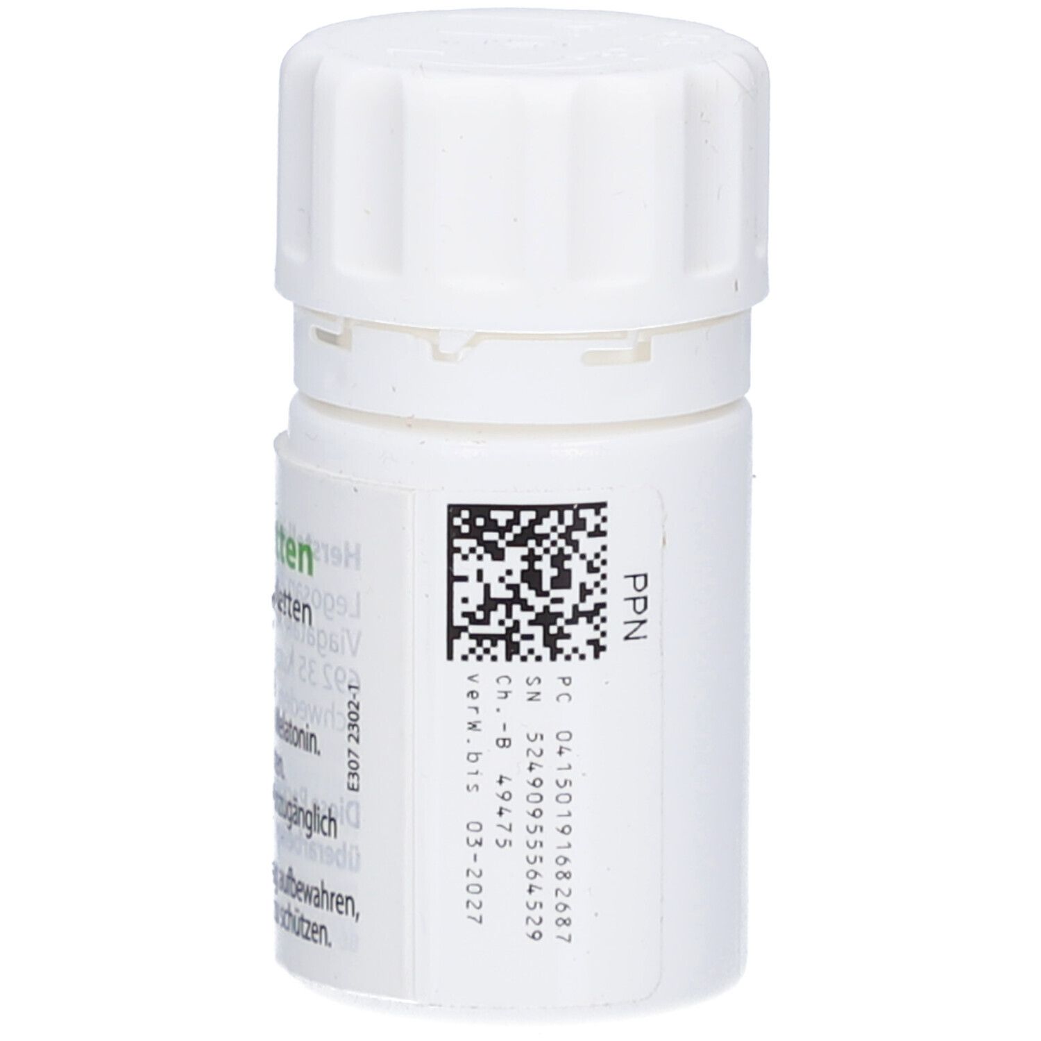 Weiße Tablettenflasche mit Schraubverschluss. Barcode und weitere Informationen auf der Rückseite.