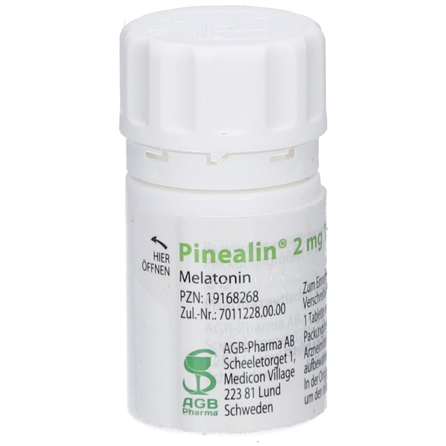 Weiße Tablettenflasche mit Schraubverschluss. Beschriftung: Pinealin 2 mg Tabletten, Melatonin. Herstellerinformationen.