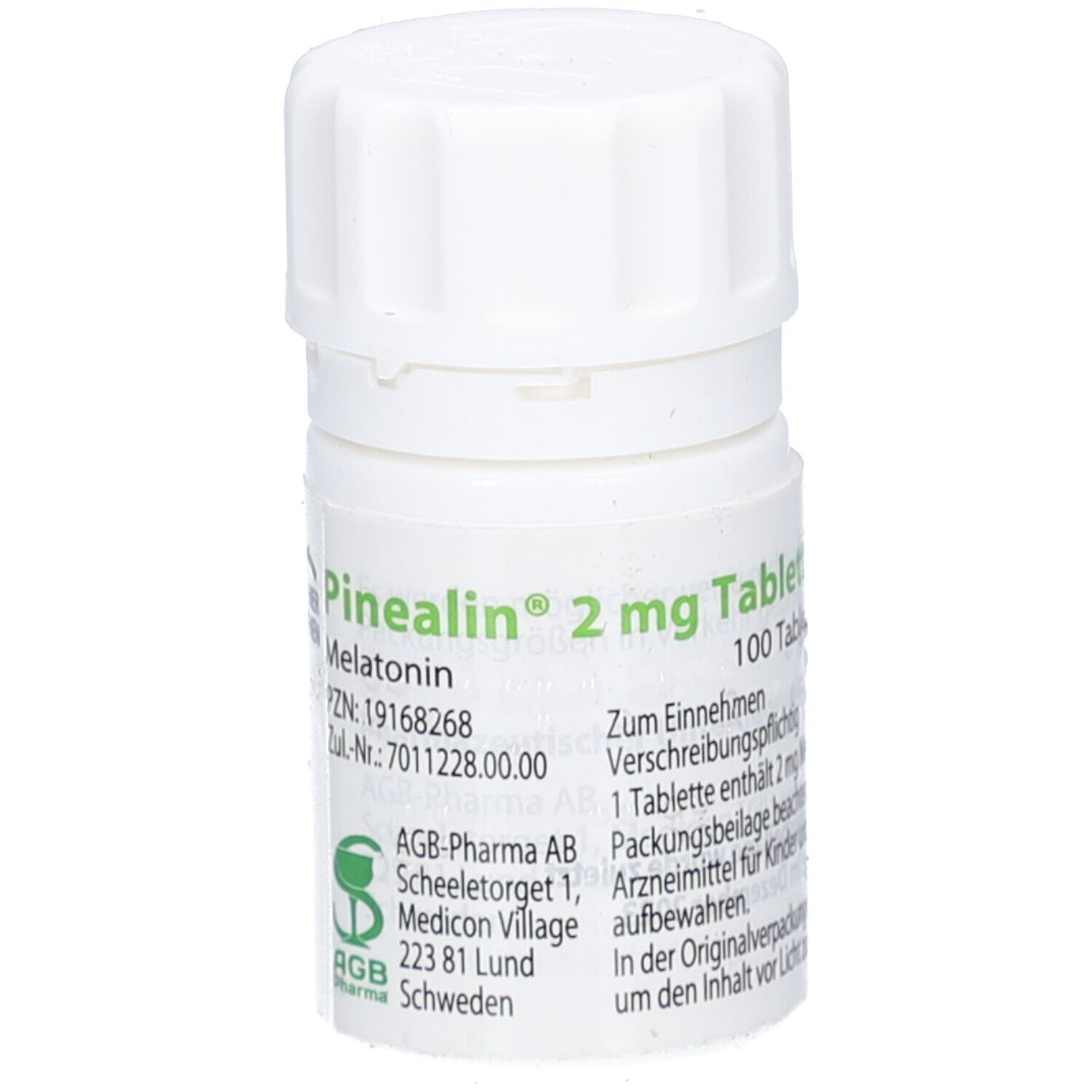 Weiße Tablettenflasche mit Schraubverschluss. Beschriftung: Pinealin 2 mg Tabletten, Melatonin, 100 Tabletten. Herstellerinformationen.