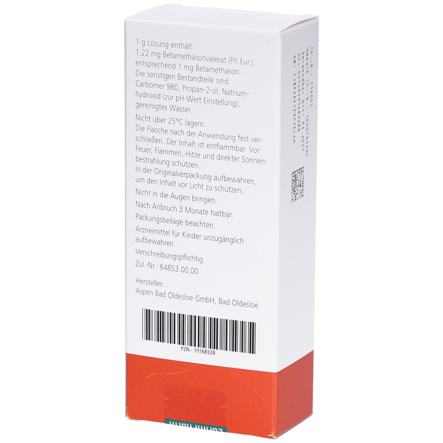 Rückseite der weißen Faltschachtel mit rotem Boden. Enthält Text über Inhaltsstoffe, Anwendung und Hersteller.