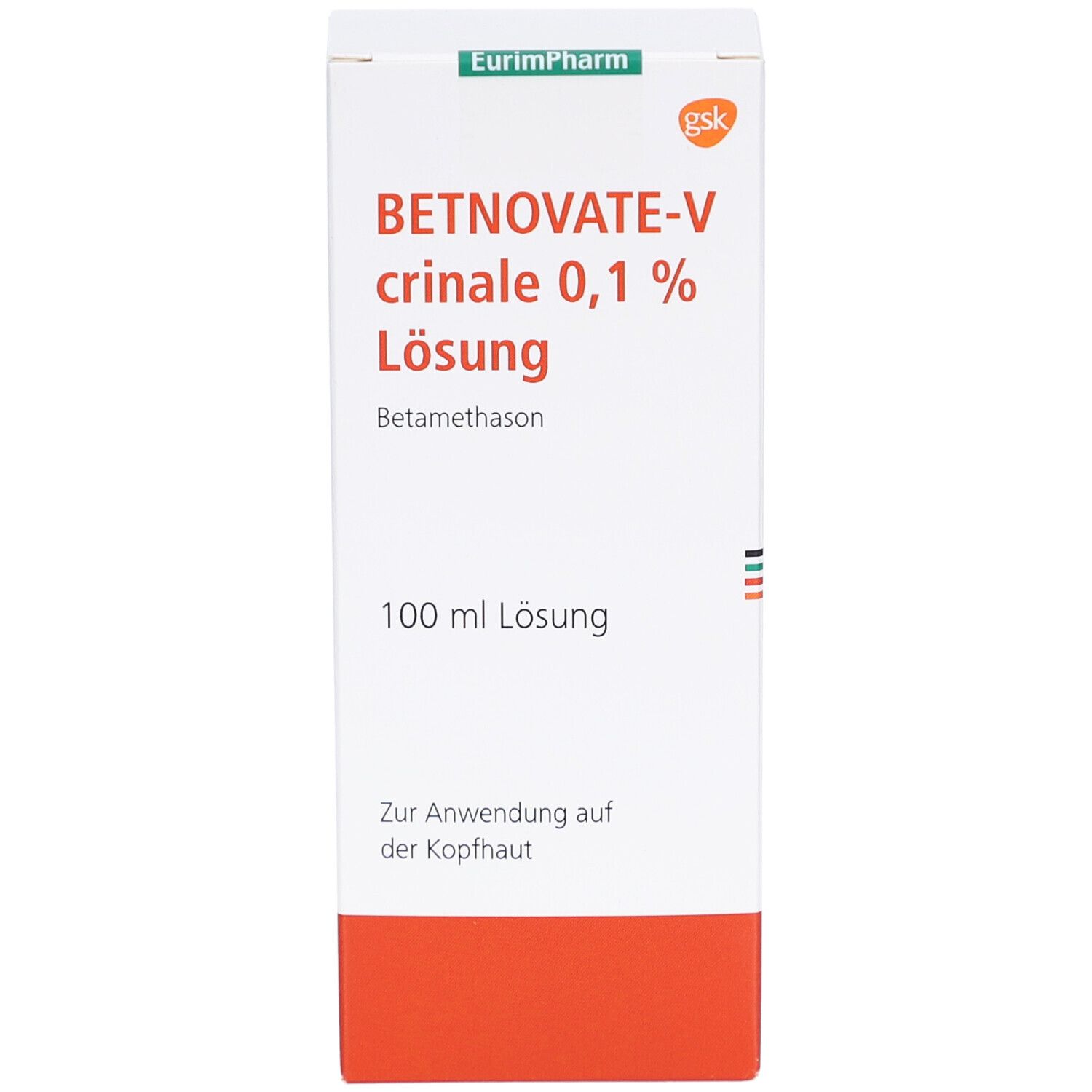 Weiße Faltschachtel mit rotem Boden. Aufschrift: BETNOVATE-V crinale 0,1 % Lösung. Enthält Betamethason. 100 ml Lösung.