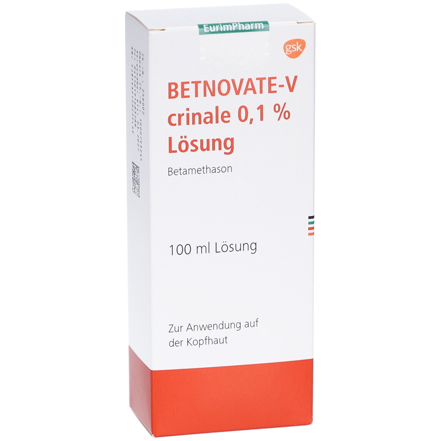 Weiße Faltschachtel mit rotem Boden. Aufschrift: BETNOVATE-V crinale 0,1 % Lösung. Enthält Betamethason. 100 ml Lösung.