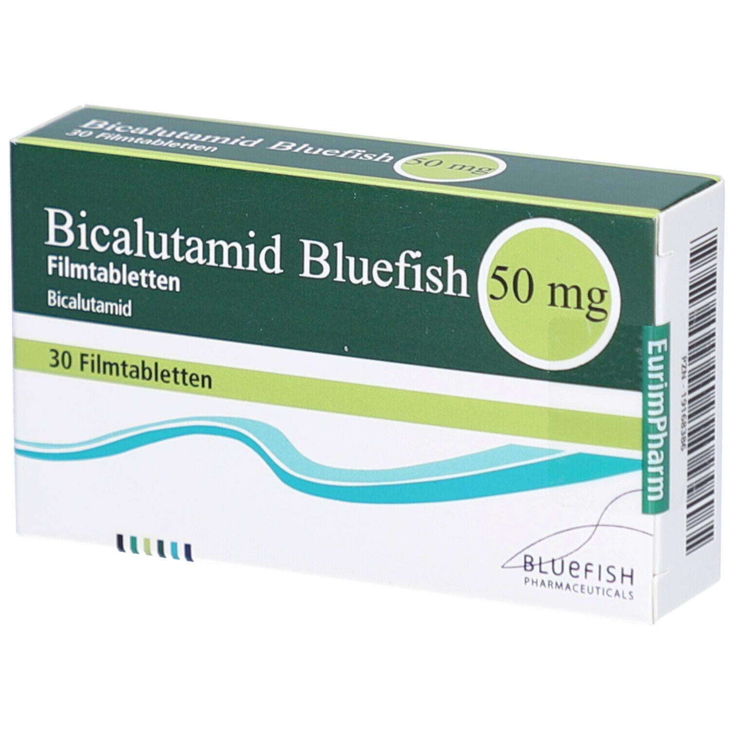 Schachtel mit Bicalutamid Bluefish 50 mg Filmtabletten. Grün-weißes Design mit Produktnamen und Dosierung. 30 Filmtabletten.