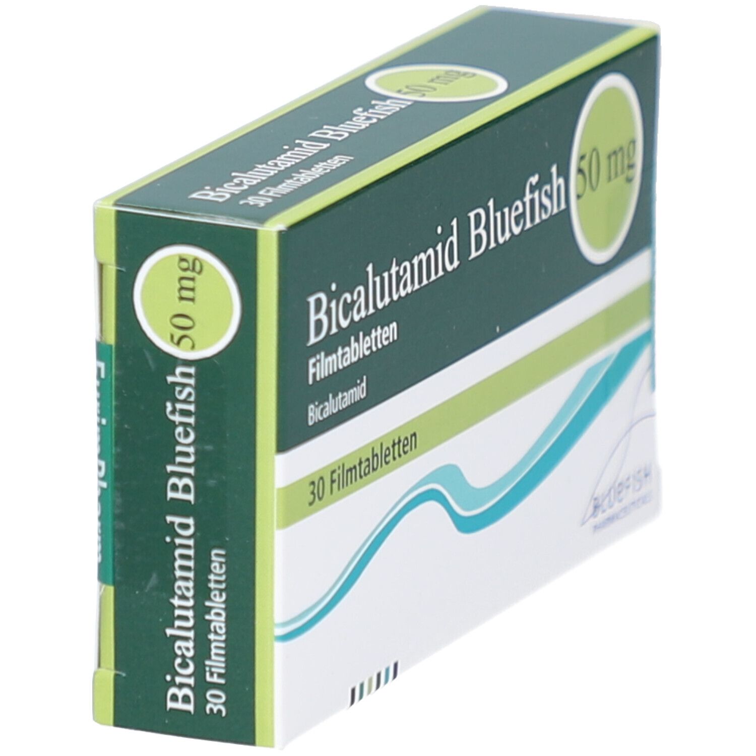 Schrägansicht der Bicalutamid Bluefish 50 mg Schachtel. Grün-weißes Design mit Produktnamen und Dosierung. 30 Filmtabletten.