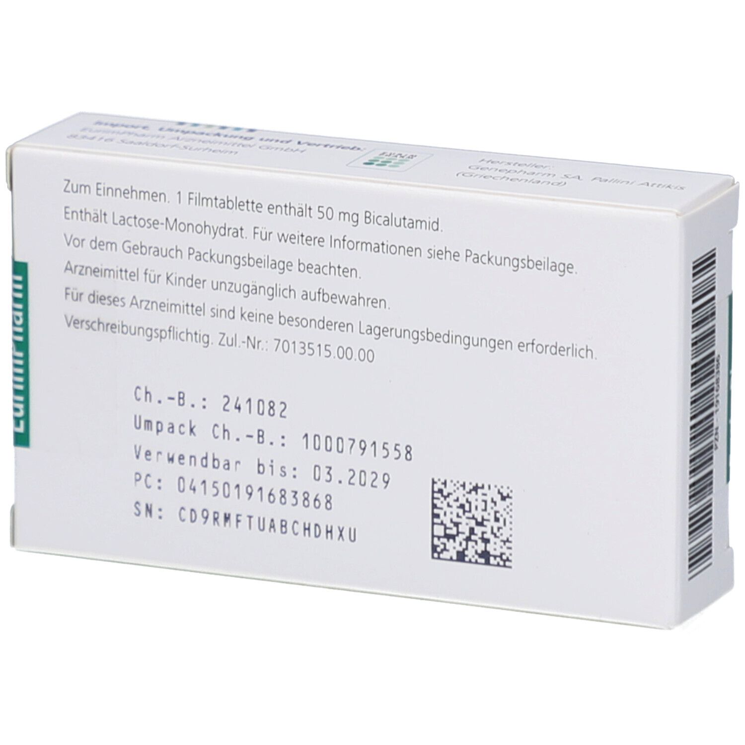 Rückseite der Bicalutamid Bluefish 50 mg Schachtel. Textinformationen, Chargennummer, Verfallsdatum und QR-Code.
