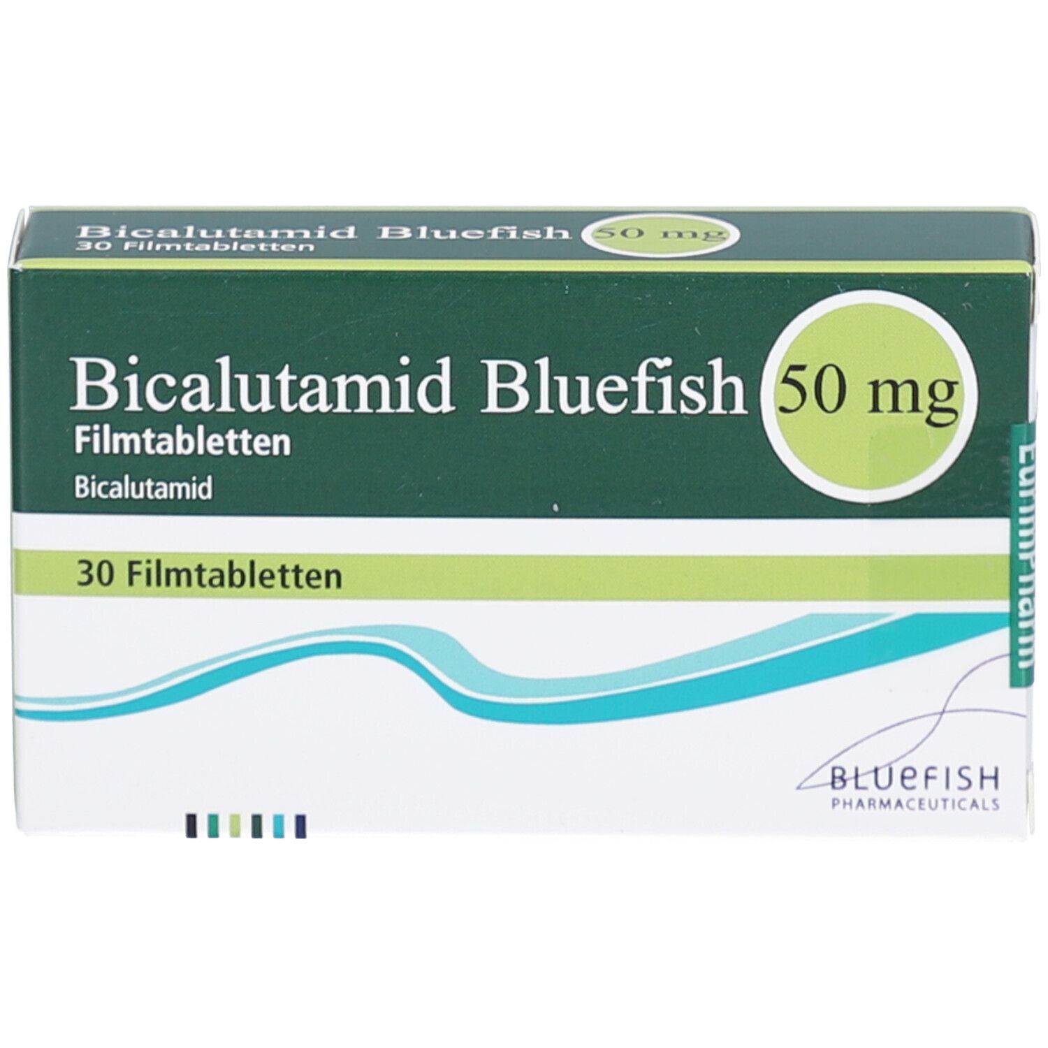 Bicalutamid Bluefish 50 mg Schachtel. Grün-weißes Design mit Produktnamen und Dosierung. 30 Filmtabletten.