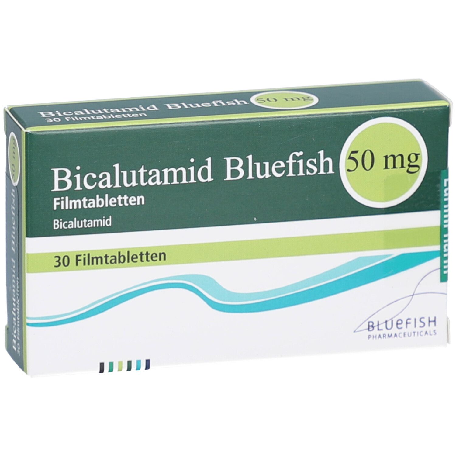 Schrägansicht der Bicalutamid Bluefish 50 mg Schachtel. Grün-weißes Design mit Produktnamen und Dosierung. 30 Filmtabletten.