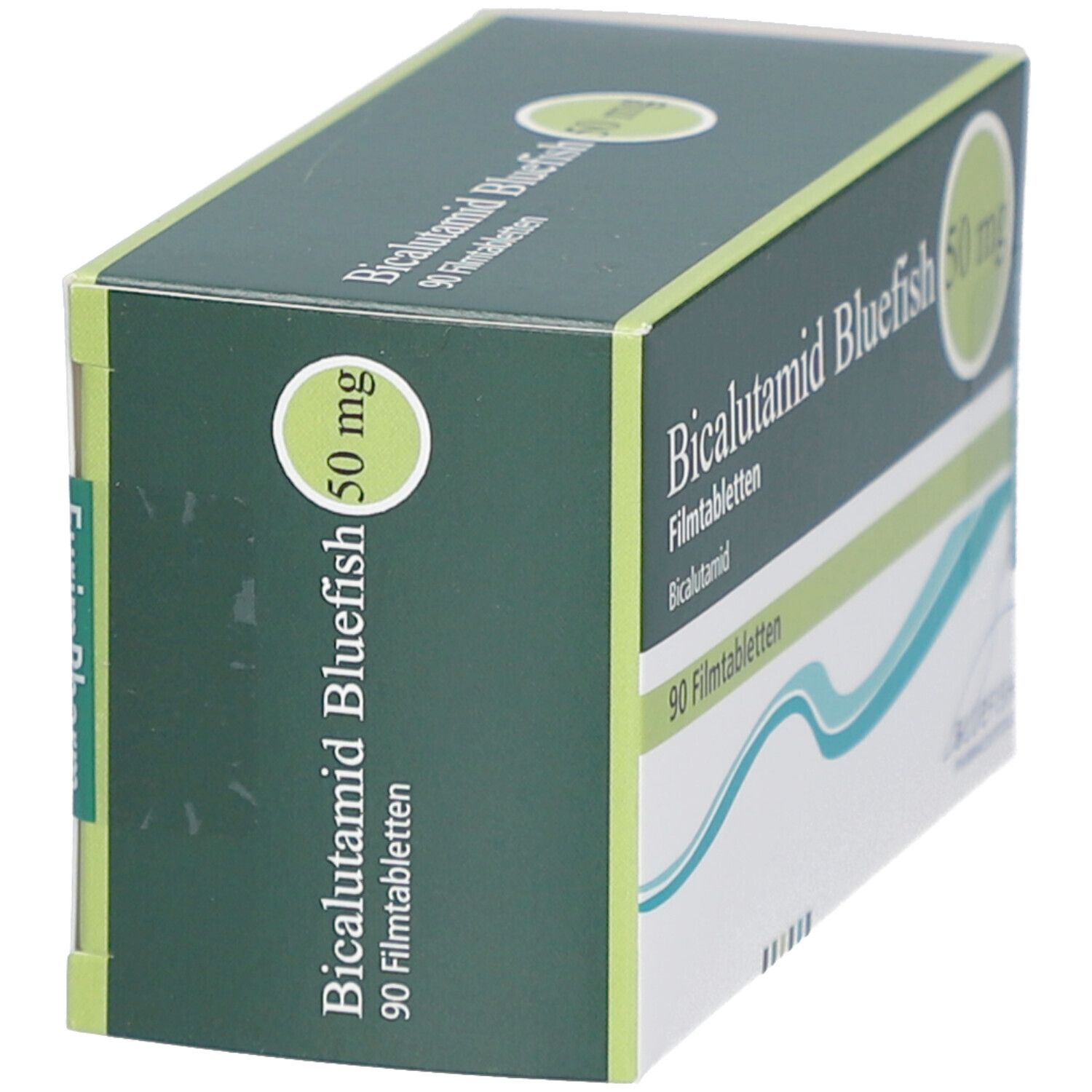 Bicalutamid Bluefish 50 mg Filmtabletten. Packung mit 90 Tabletten. Grün-weiße Schachtel, schräg gestellt, mit Produktinformationen.