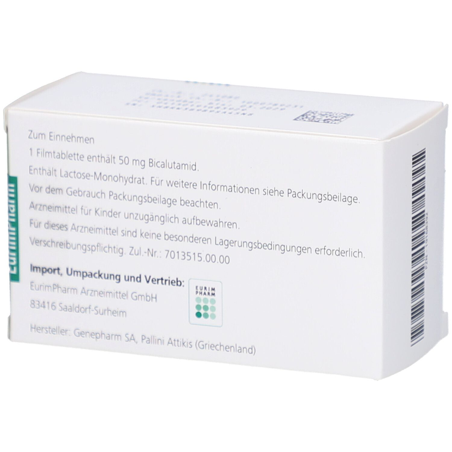 Rückseite der Bicalutamid Bluefish 50 mg Filmtabletten-Packung. Enthält Textinformationen, Barcode und Herstellerangaben.