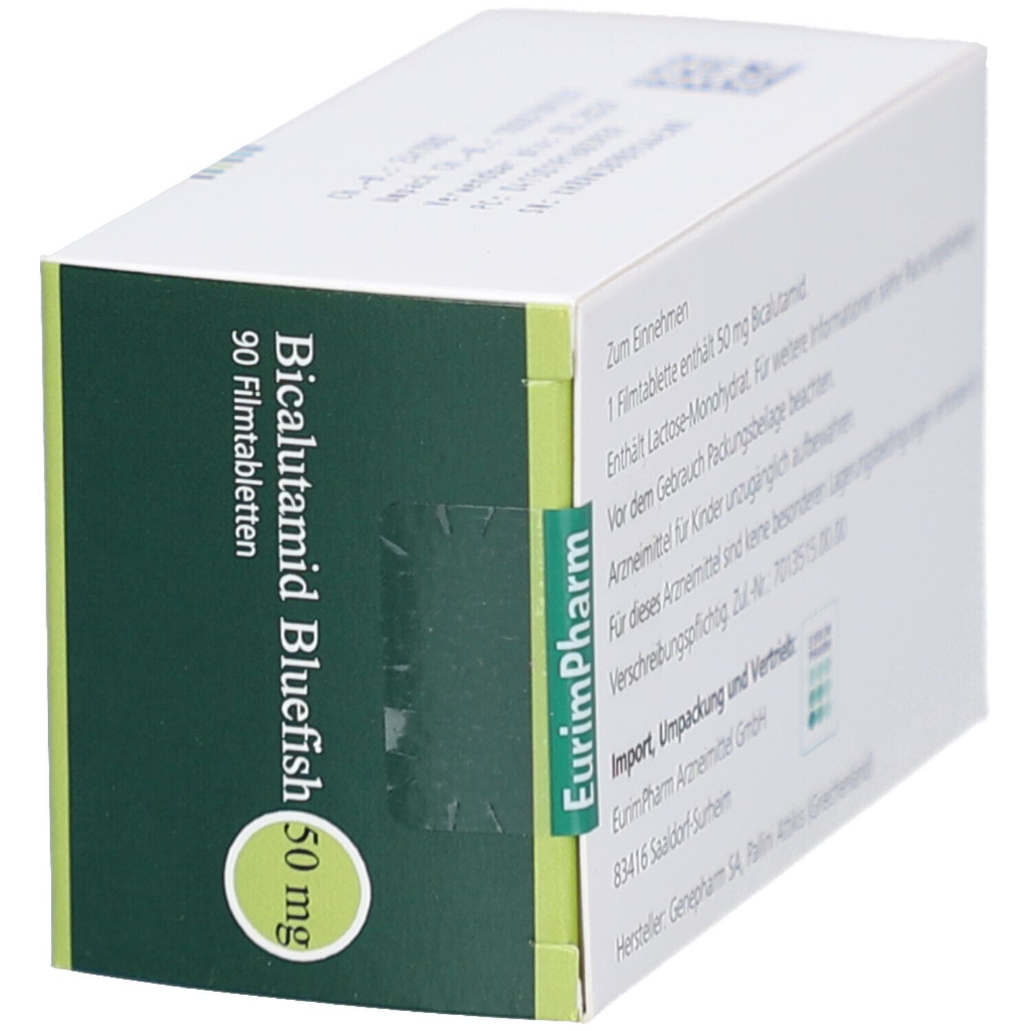 Bicalutamid Bluefish 50 mg Filmtabletten. Packung mit 90 Tabletten. Grün-weiße Schachtel, schräg gestellt, mit Produktinformationen.