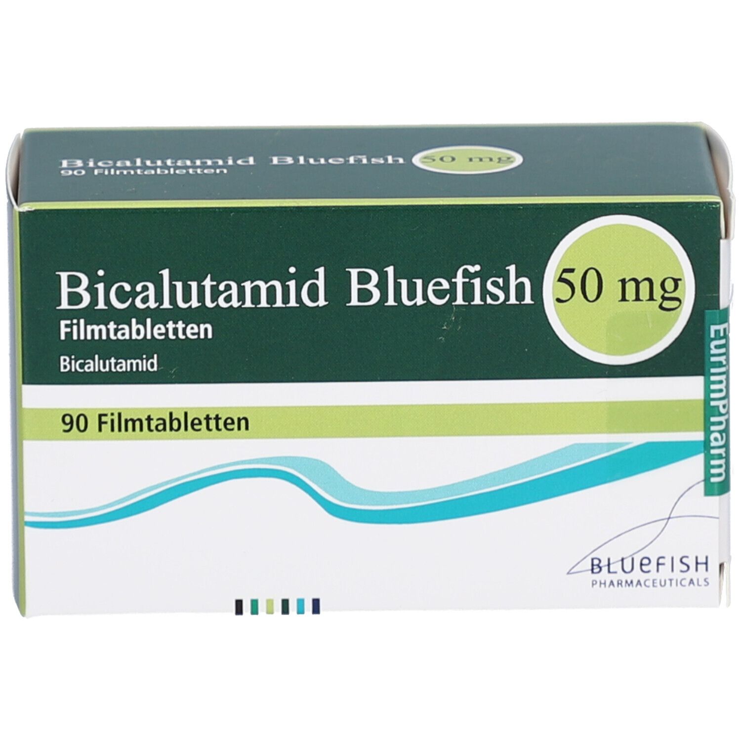 Bicalutamid Bluefish 50 mg Filmtabletten. Packung mit 90 Tabletten. Grün-weiße Schachtel mit Produktinformationen und Logo.