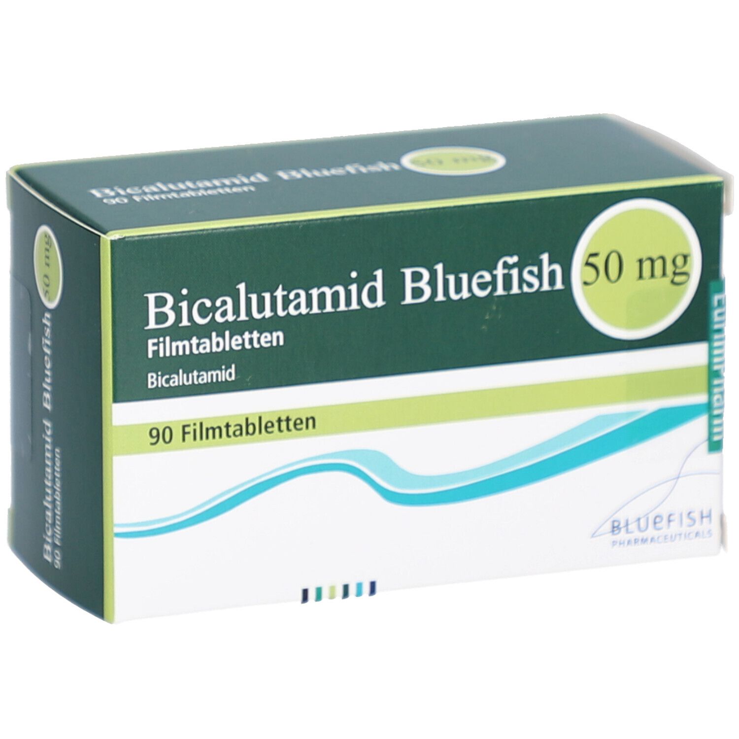 Bicalutamid Bluefish 50 mg Filmtabletten. Packung mit 90 Tabletten. Grün-weiße Schachtel, schräg gestellt, mit Produktinformationen.