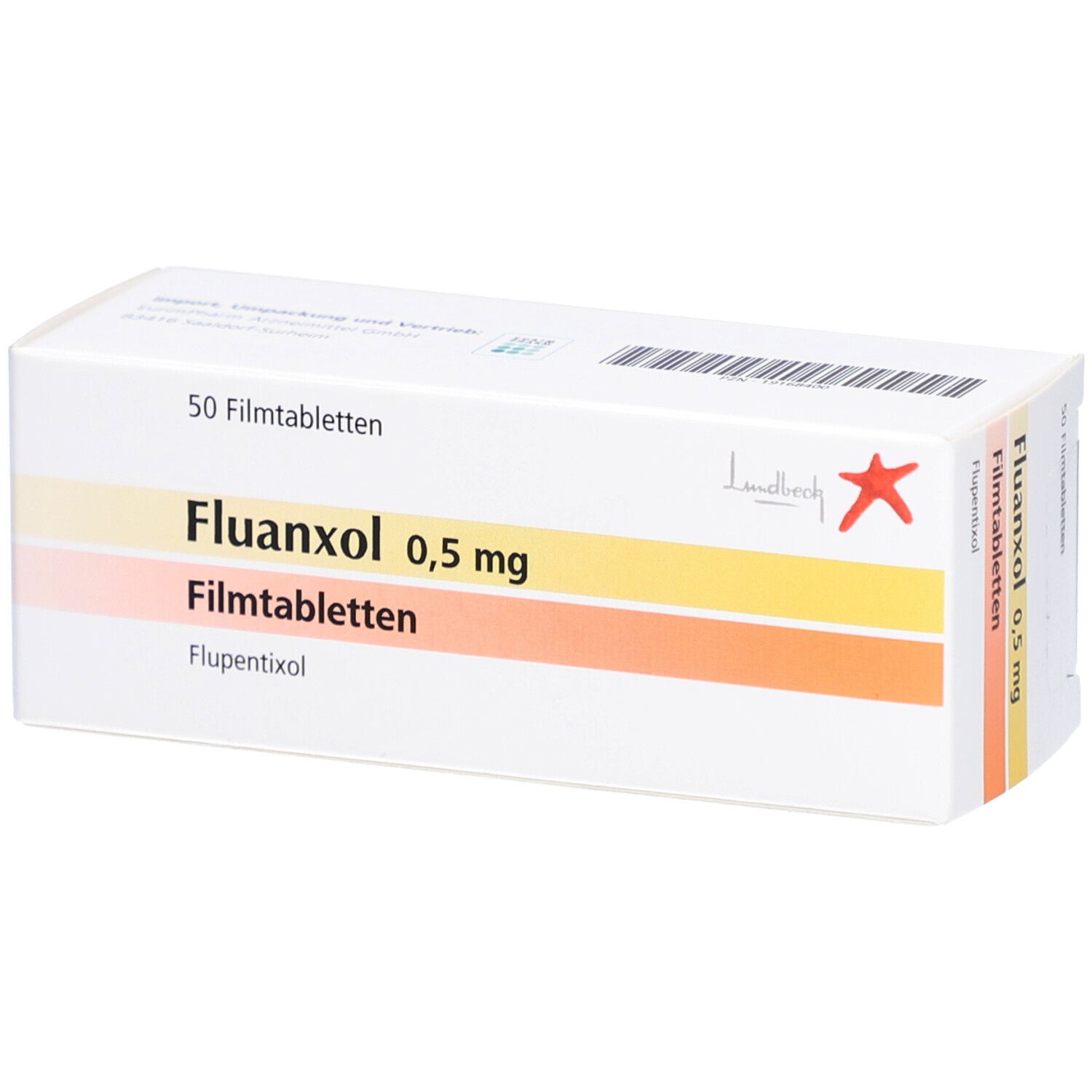 Schachtel mit FLUANXOL 0,5 mg Filmtabletten. Aufschrift: 50 Filmtabletten. Farbverlauf: Gelb, Orange, Rosa. Roter Stern.