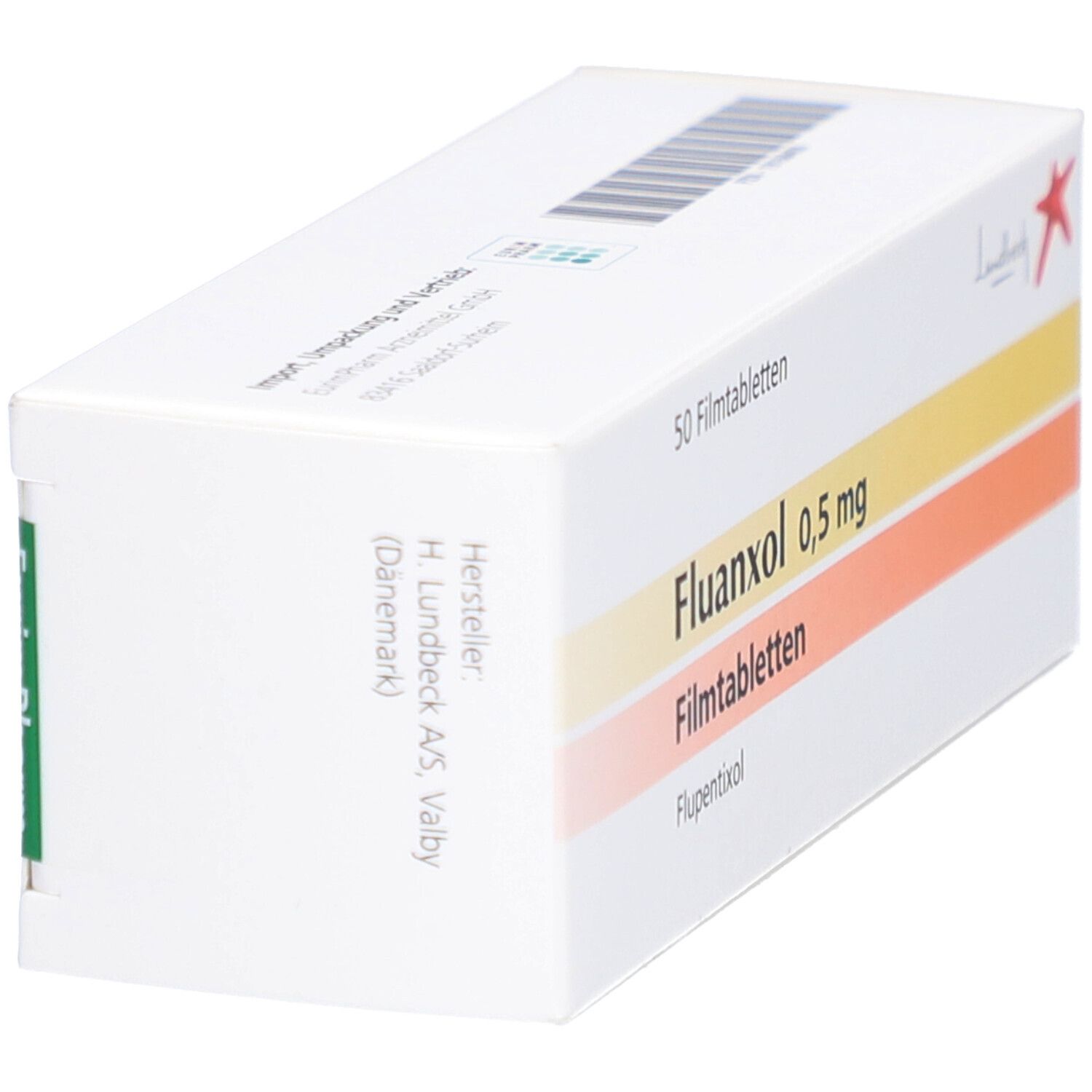 Schachtel mit FLUANXOL 0,5 mg Filmtabletten. Seitenansicht. Aufschrift: 50 Filmtabletten. Farbverlauf: Gelb, Orange, Rosa. Roter Stern.