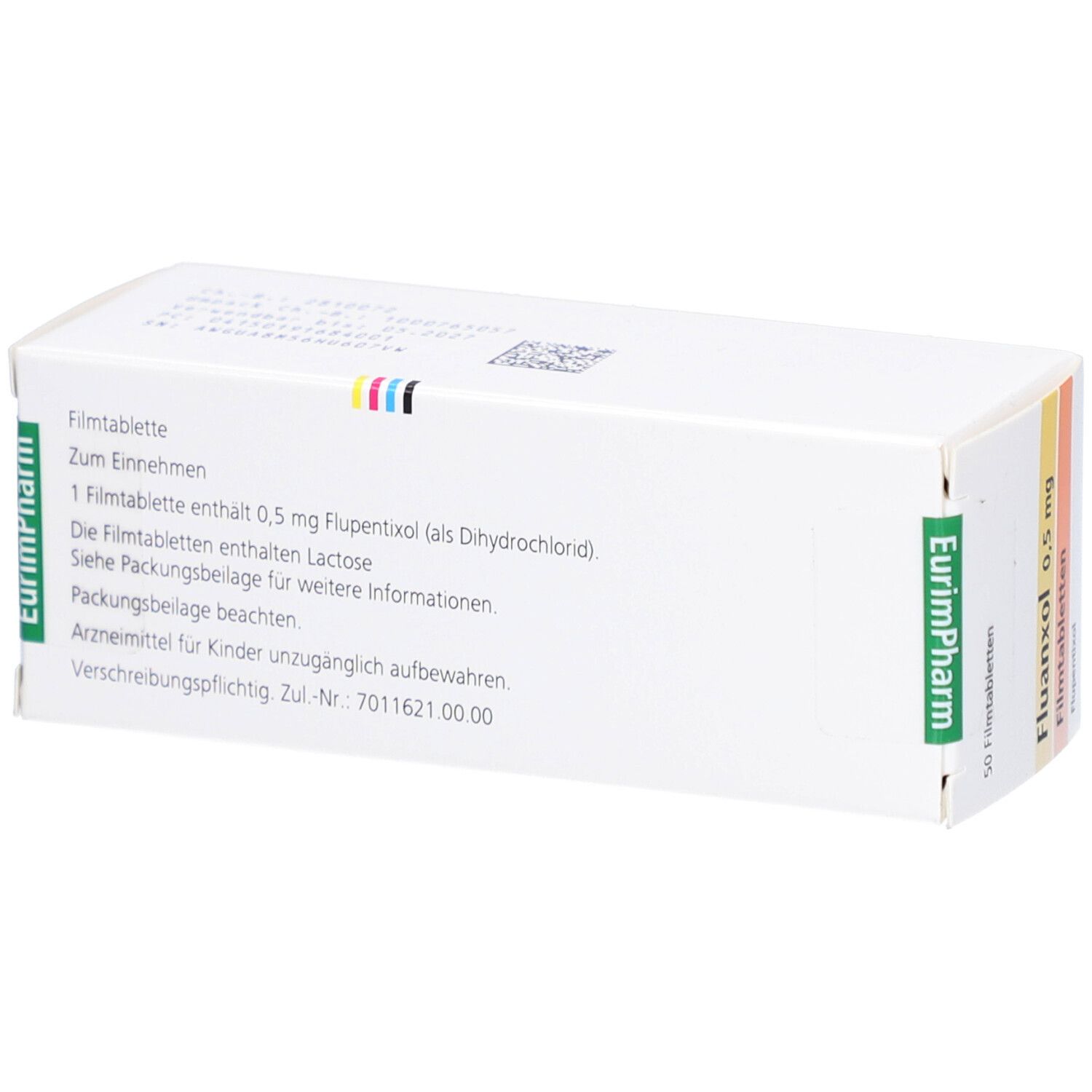 Schachtel mit FLUANXOL 0,5 mg Filmtabletten. Rückseite mit Text. Aufschrift: EurimPharm. Angaben zur Einnahme und Inhaltsstoffe.