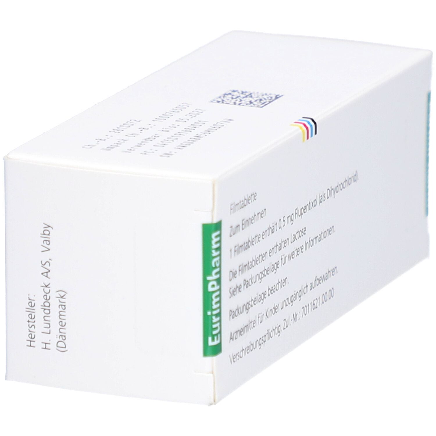 Schachtel mit FLUANXOL 0,5 mg Filmtabletten. Seitenansicht mit Text. Aufschrift: EurimPharm. Angaben zur Einnahme und Inhaltsstoffe.