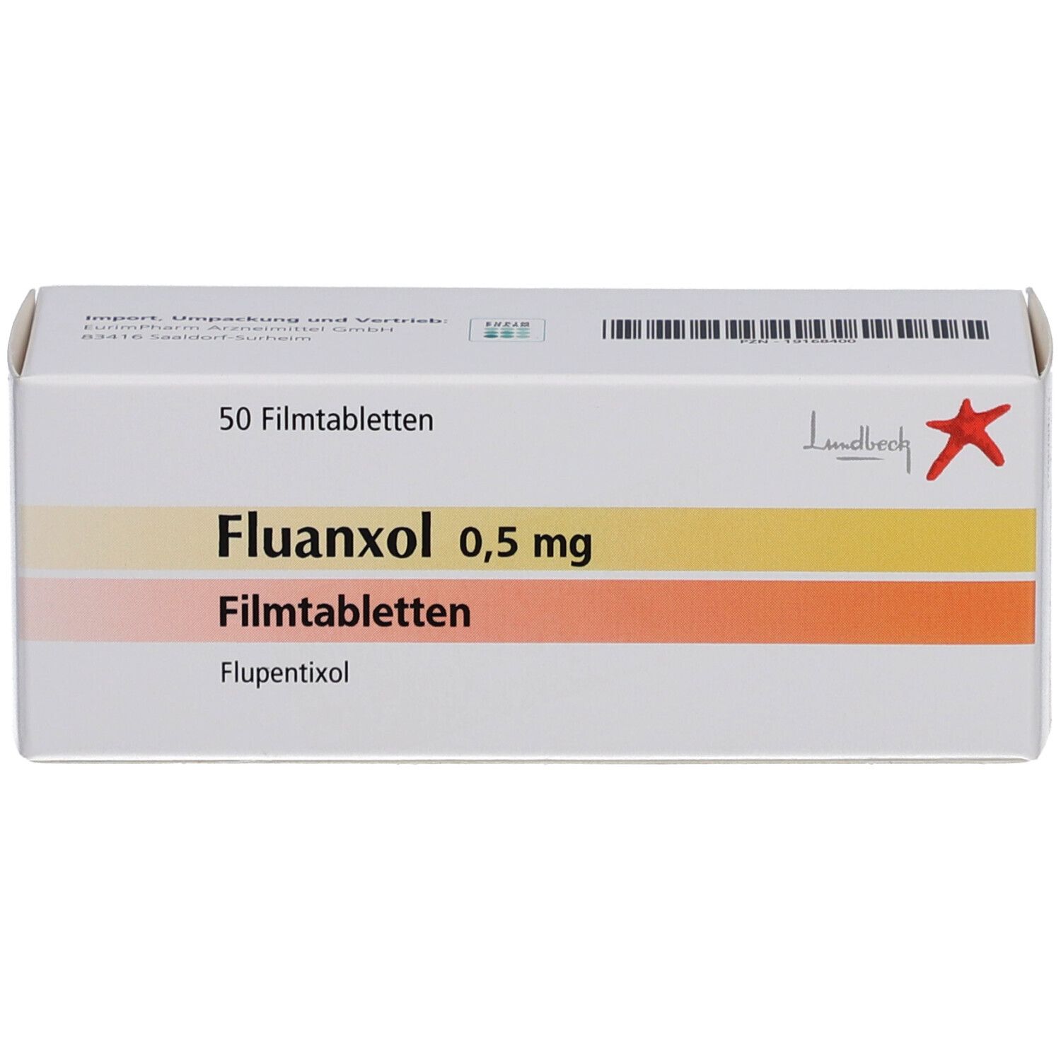 Schachtel mit FLUANXOL 0,5 mg Filmtabletten. Aufschrift: 50 Filmtabletten. Farbverlauf: Gelb, Orange, Rosa. Roter Stern.