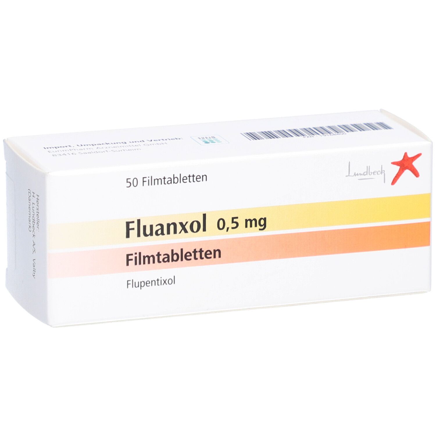 Schachtel mit FLUANXOL 0,5 mg Filmtabletten. Aufschrift: 50 Filmtabletten. Farbverlauf: Gelb, Orange, Rosa. Roter Stern.