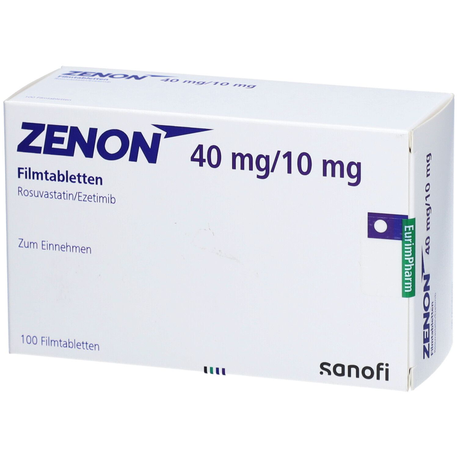 Weiße Schachtel mit blauer Aufschrift ZENON 40 mg/10 mg. Enthält 100 Filmtabletten. Sanofi-Logo.