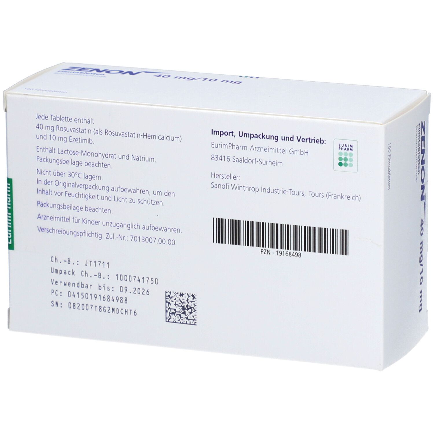 Rückseite der weißen Schachtel mit Informationen. Enthält Angaben zu Inhaltsstoffen, Import und Vertrieb. Barcode.