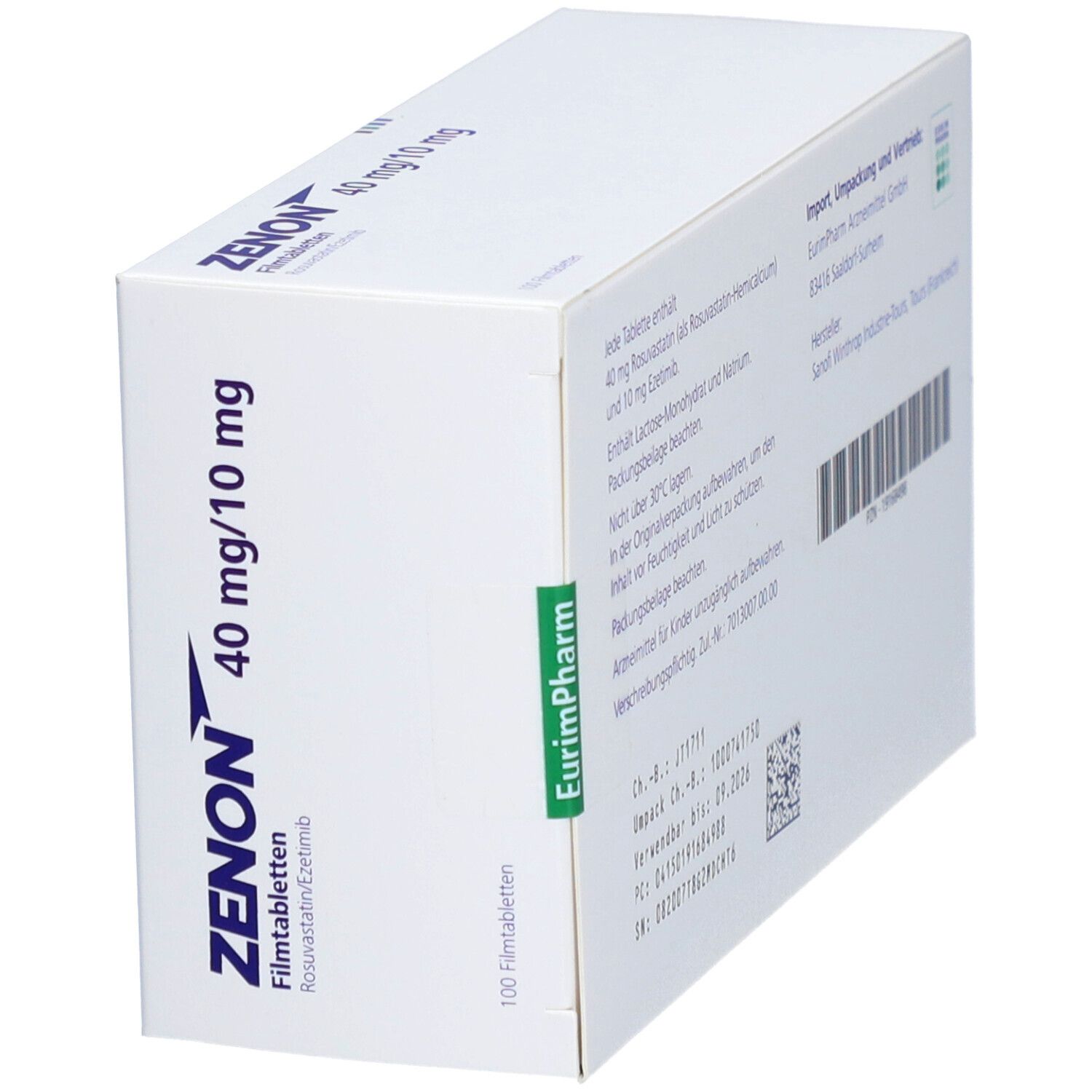 Schräg stehende weiße Schachtel mit ZENON 40 mg/10 mg Aufschrift. Enthält 100 Filmtabletten. EurimPharm-Logo.