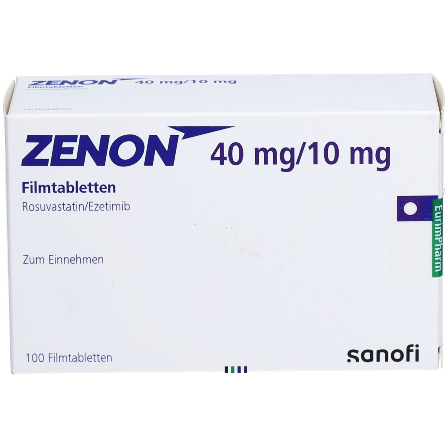 Weiße Schachtel mit blauer Aufschrift ZENON 40 mg/10 mg. Enthält 100 Filmtabletten. Sanofi-Logo.