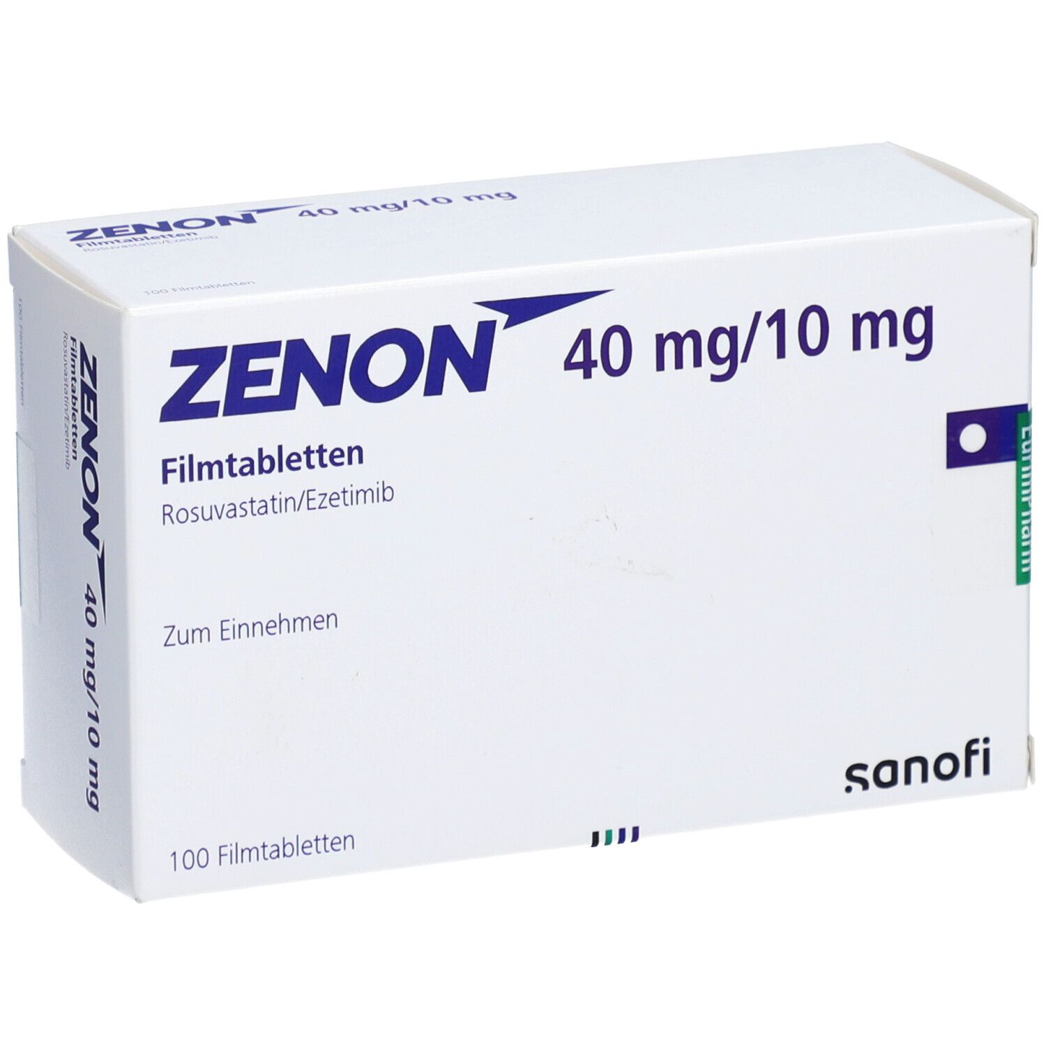 Weiße Schachtel mit blauer Aufschrift ZENON 40 mg/10 mg. Enthält 100 Filmtabletten. Sanofi-Logo.