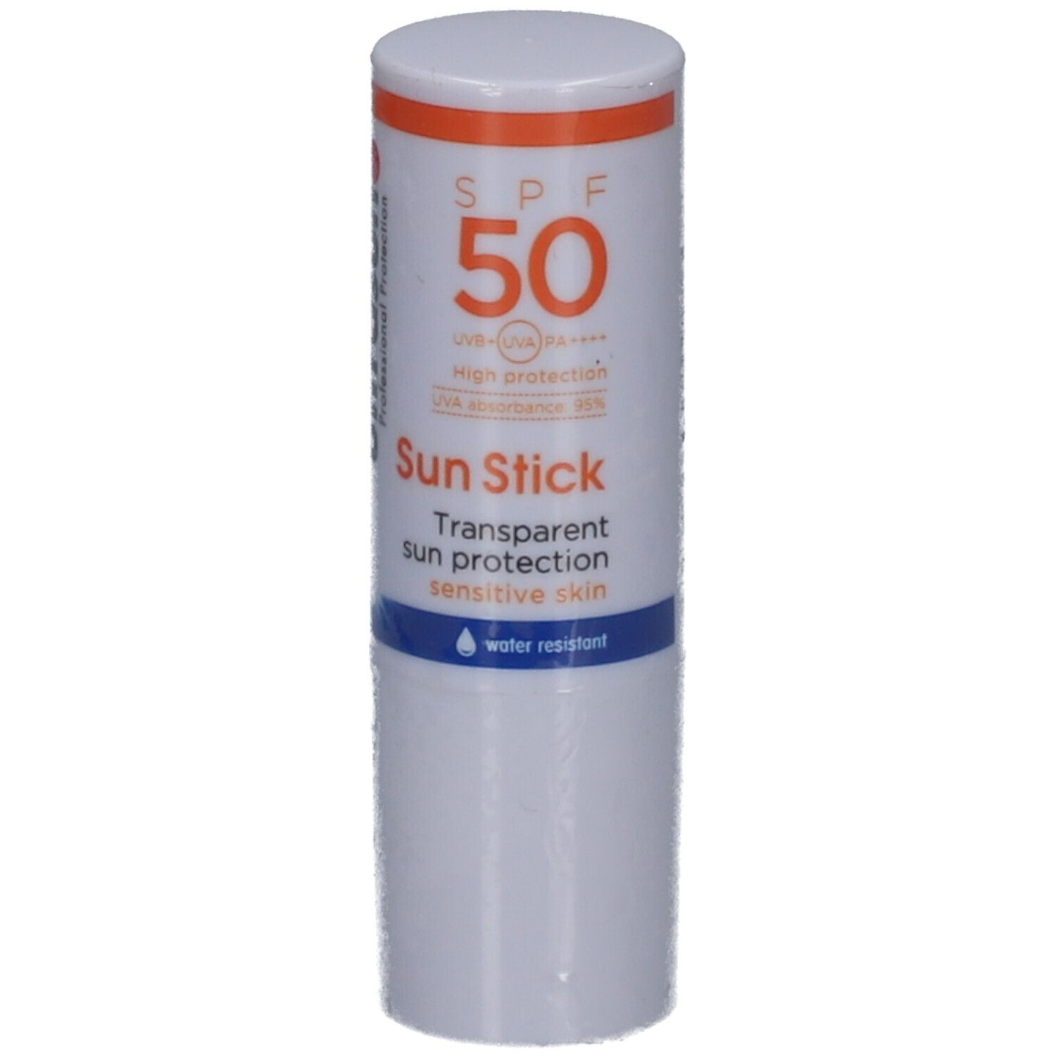 Weißer Sonnenschutz-Stick mit orangefarbener Kappe. Text: SPF 50, Sun Stick, transparenter Sonnenschutz für sensible Haut. Wasserfest.