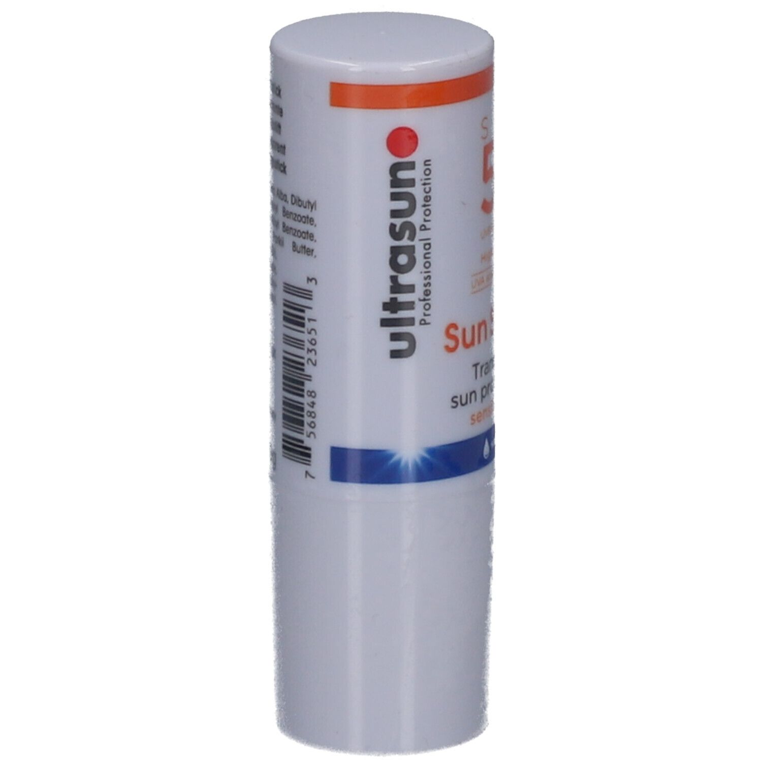 Weißer Sonnenschutz-Stick mit orangefarbener Kappe. Text: Ultrasun, Professional Protection, Sun Stick, transparente Sonnencreme.