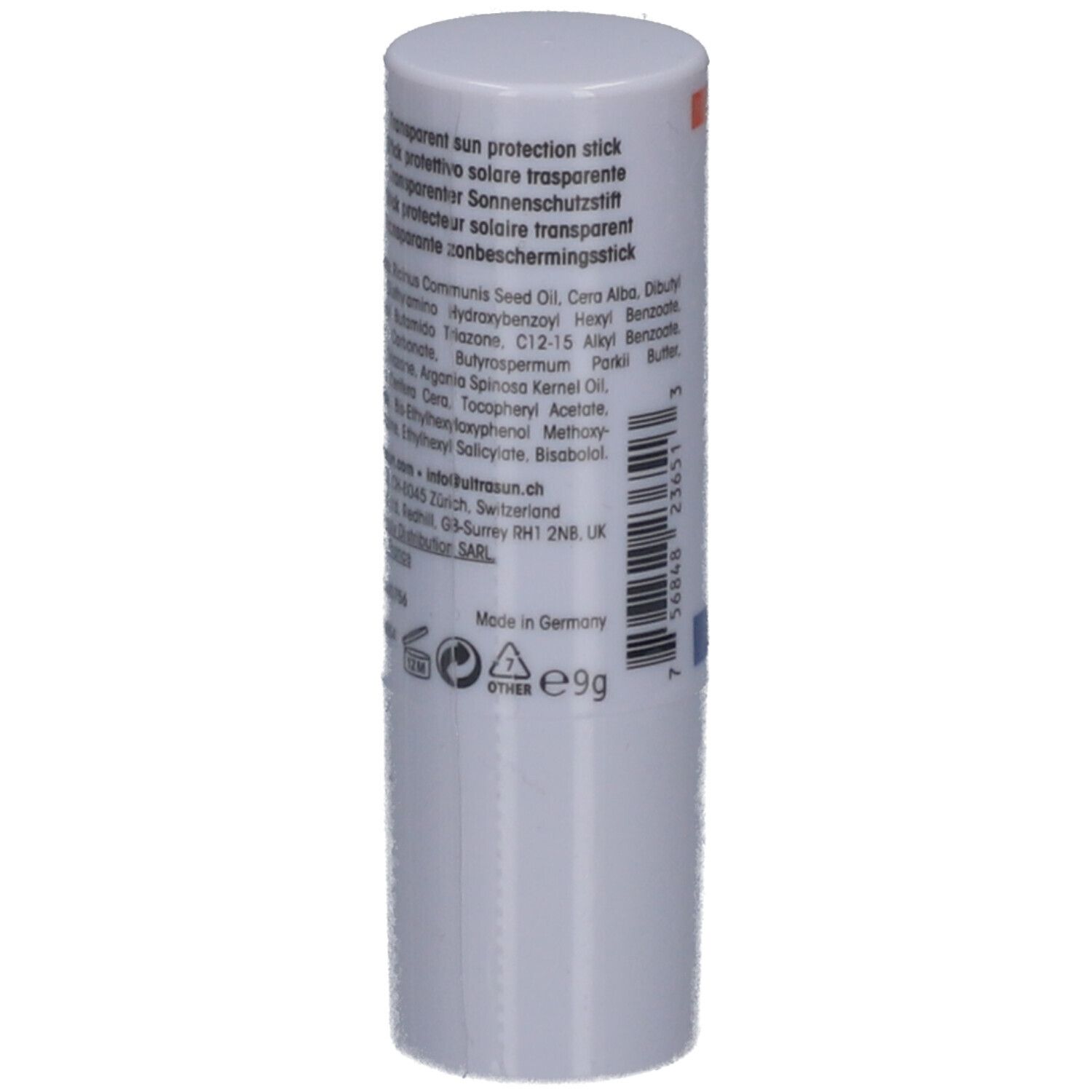 Weißer Sonnenschutz-Stick mit Texten und Logos. Enthält Inhaltsstoffe, Herstellerinformationen und ein Recycling-Symbol. Made in Germany.