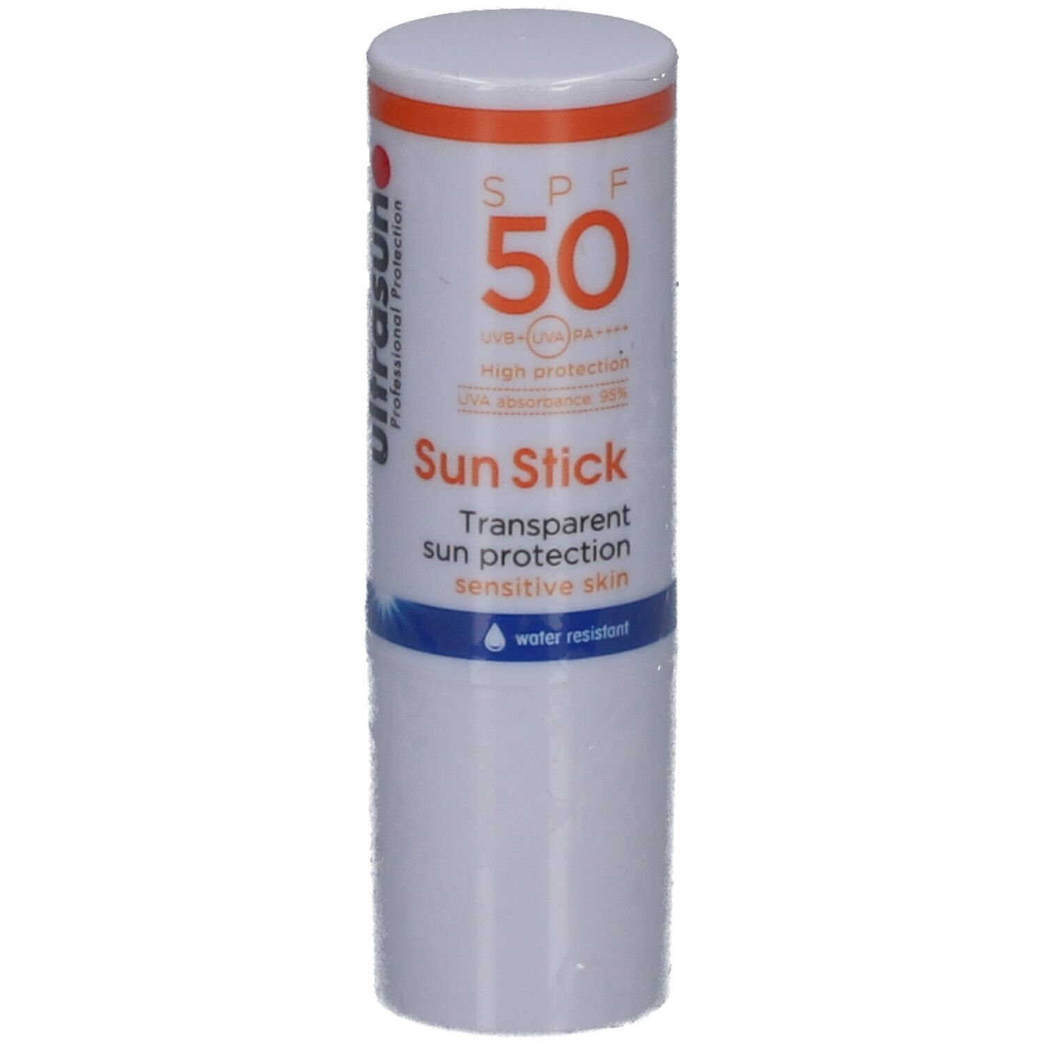 Weißer Sonnenschutz-Stick mit orangefarbener Kappe. Text: SPF 50, Sun Stick, transparenter Sonnenschutz für sensible Haut. Wasserfest.