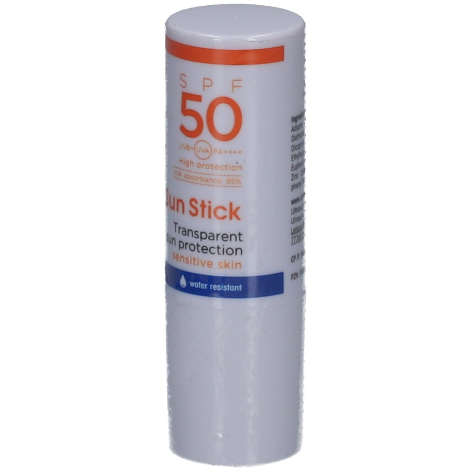 Weißer Sonnenschutz-Stick mit orangefarbener Kappe. Text: SPF 50, Sun Stick, transparenter Sonnenschutz für sensible Haut. Wasserfest.