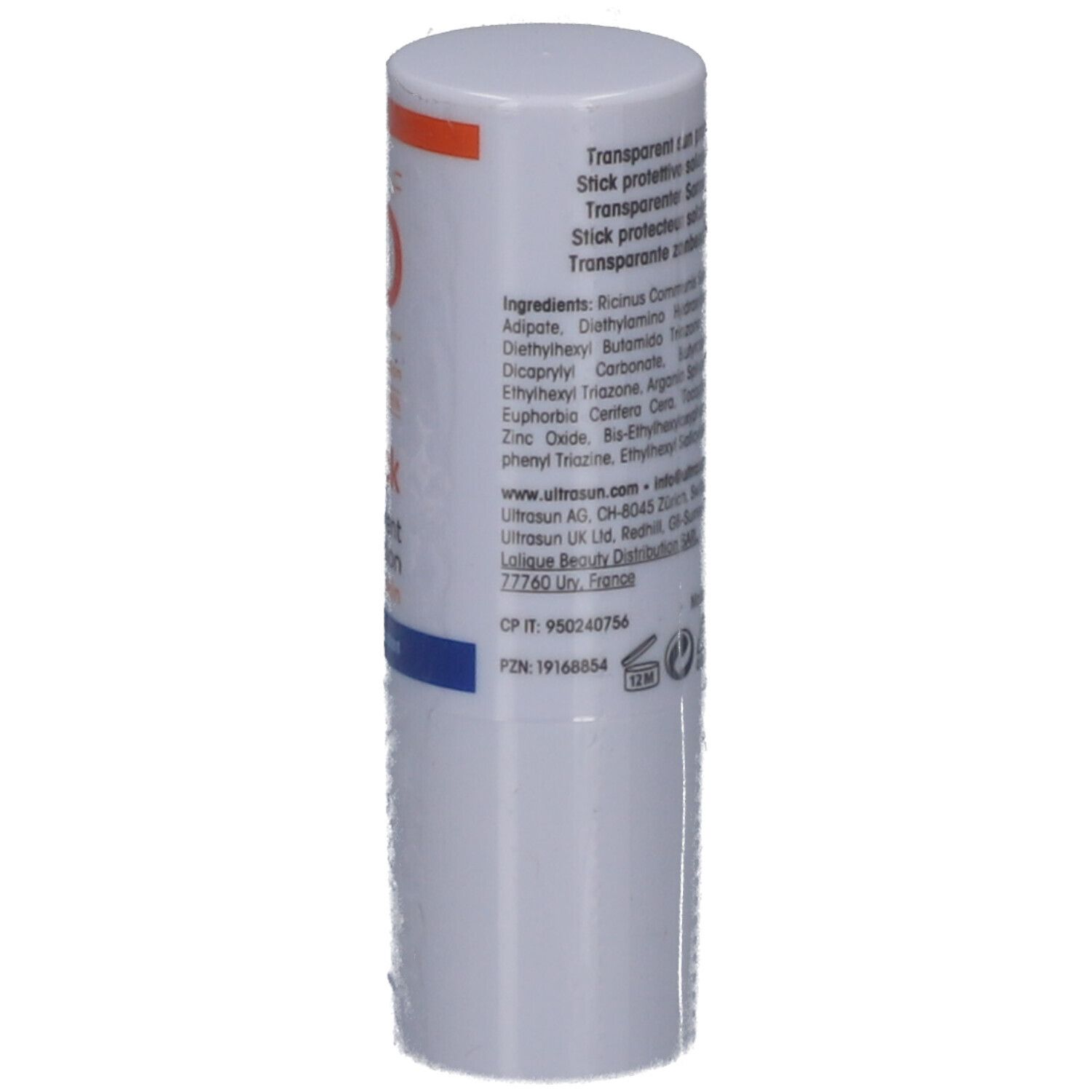 Weißer Sonnenschutz-Stick mit Texten und Logos. Enthält Inhaltsstoffe, Herstellerinformationen und PZN-Nummer. Made in France.