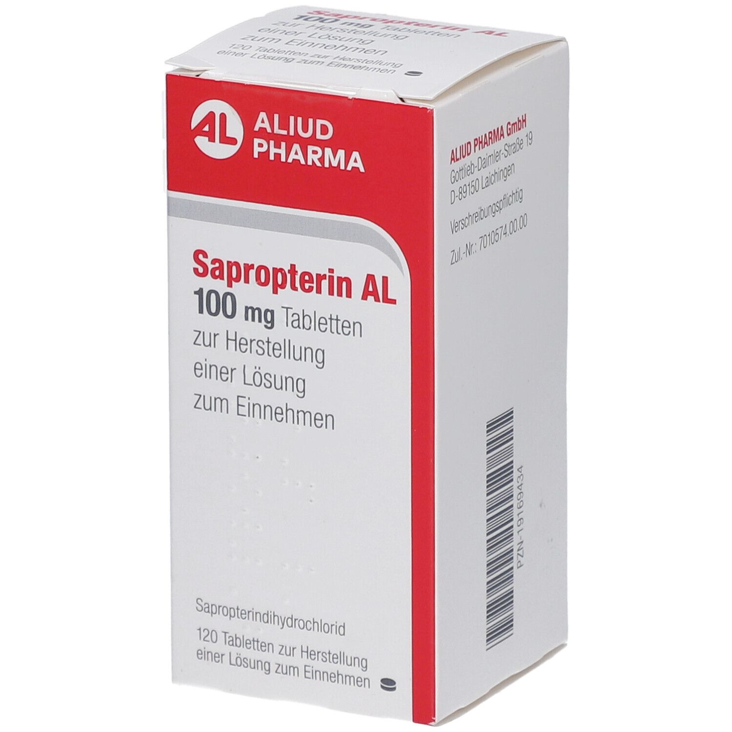 Schachtel mit roter und weißer Aufschrift. 'Sapropterin AL 100 mg Tabletten'. Logo 'ALIUD PHARMA'.