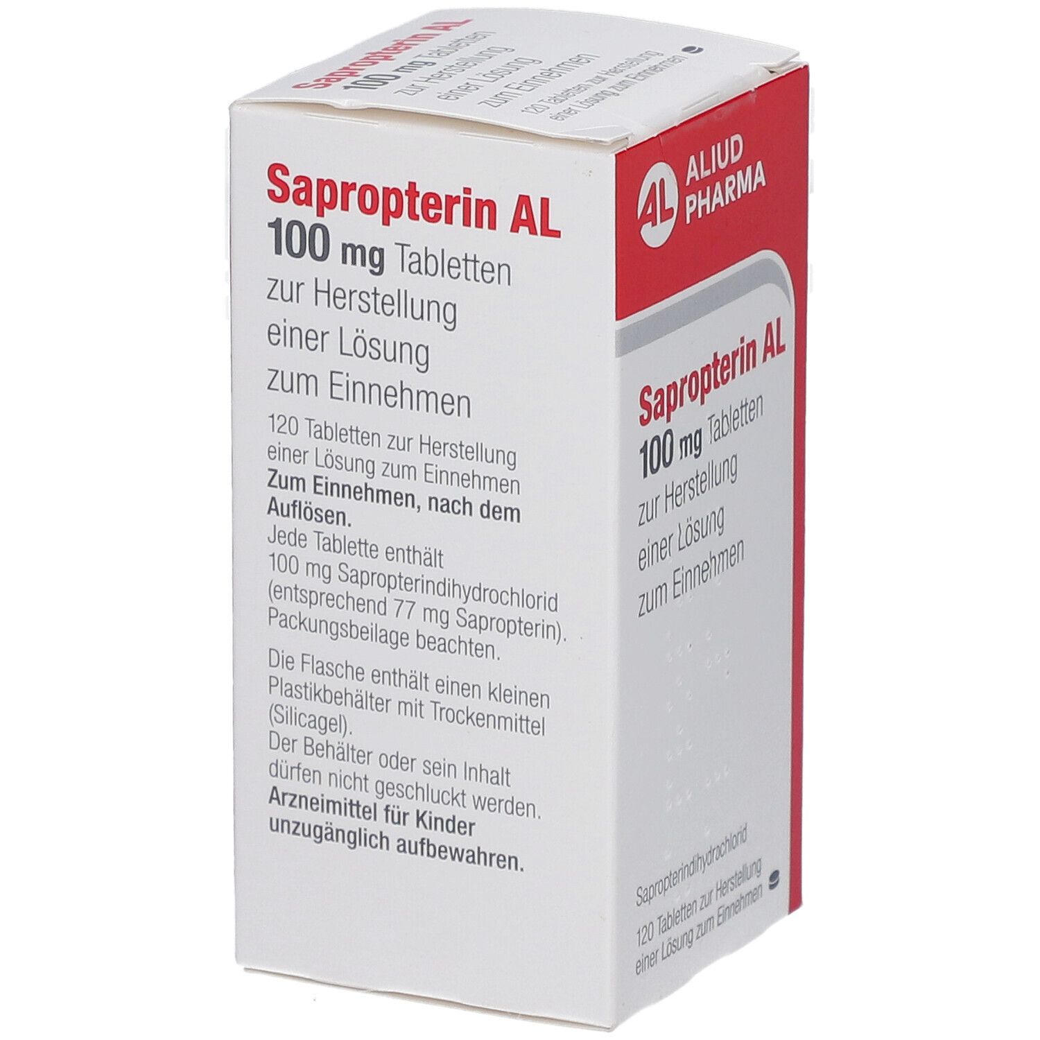 Weiße Schachtel mit roter Schrift. 'Sapropterin AL 100 mg Tabletten'. Text und Logo 'ALIUD PHARMA'.