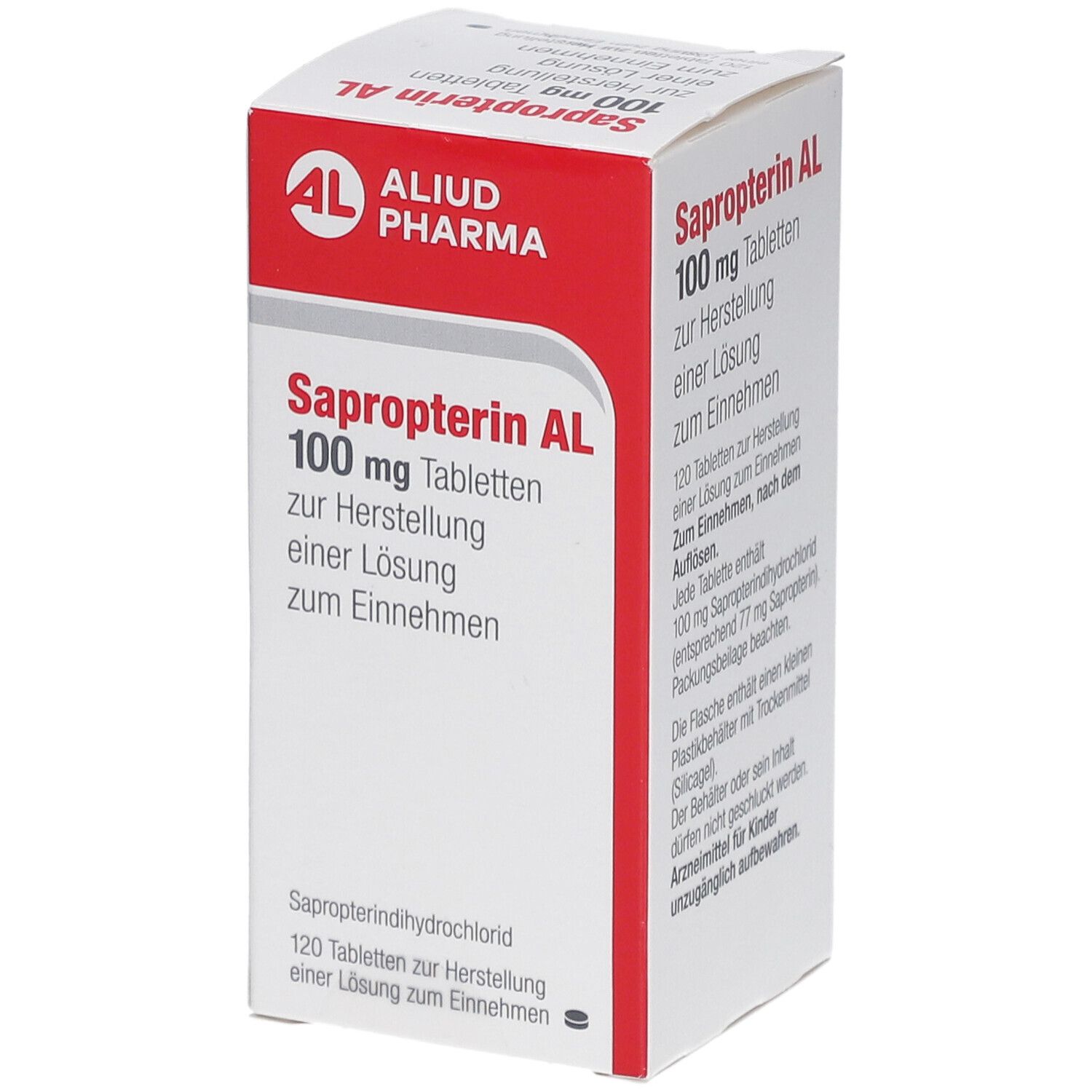 Schachtel mit roter und weißer Schrift. 'Sapropterin AL 100 mg Tabletten'. Logo 'ALIUD PHARMA'.