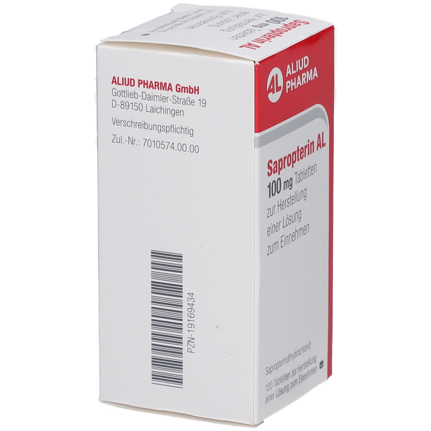 Weiße Schachtel mit roter Schrift. 'Sapropterin AL 100 mg Tabletten'. Logo 'ALIUD PHARMA'. Barcode.