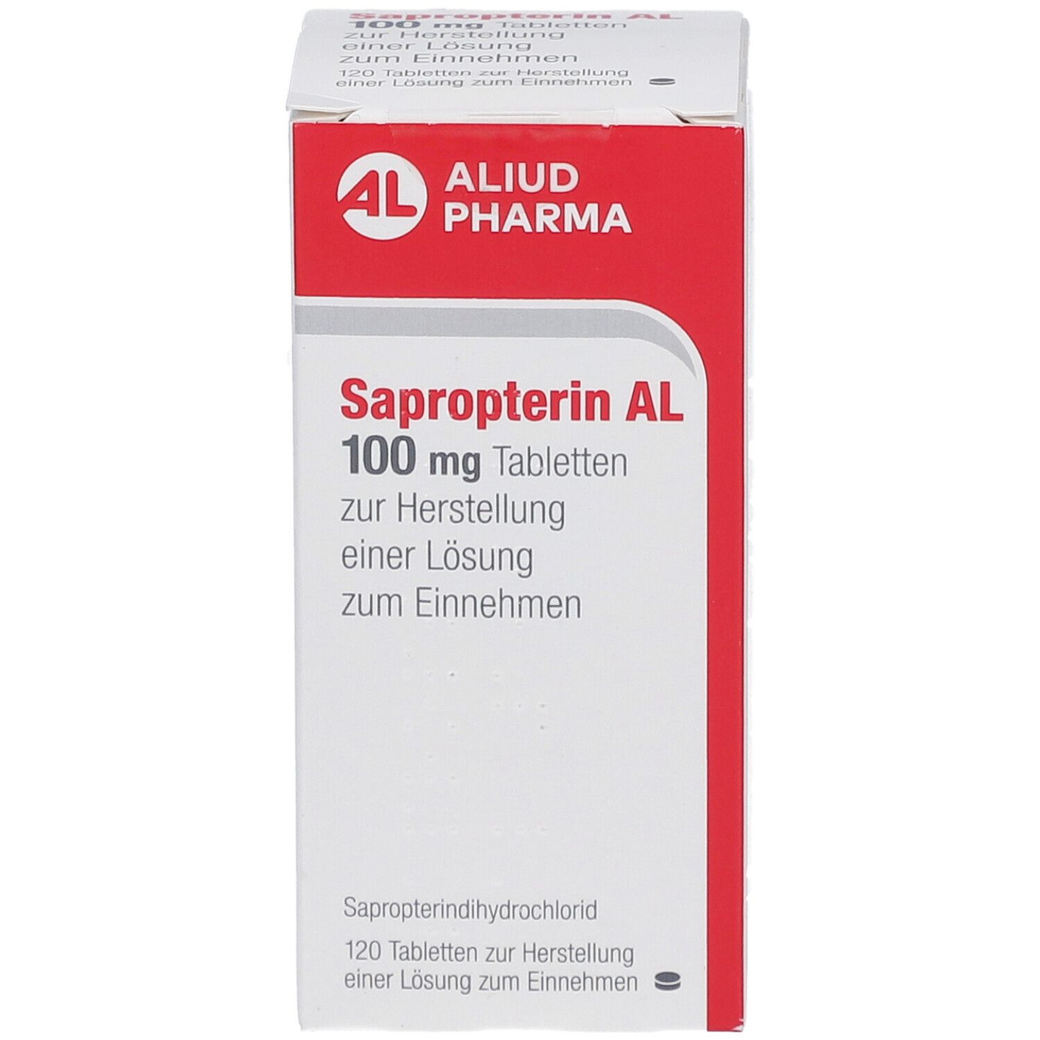 Weiße Schachtel mit roter Schrift. 'Sapropterin AL 100 mg Tabletten'. Logo 'ALIUD PHARMA'.