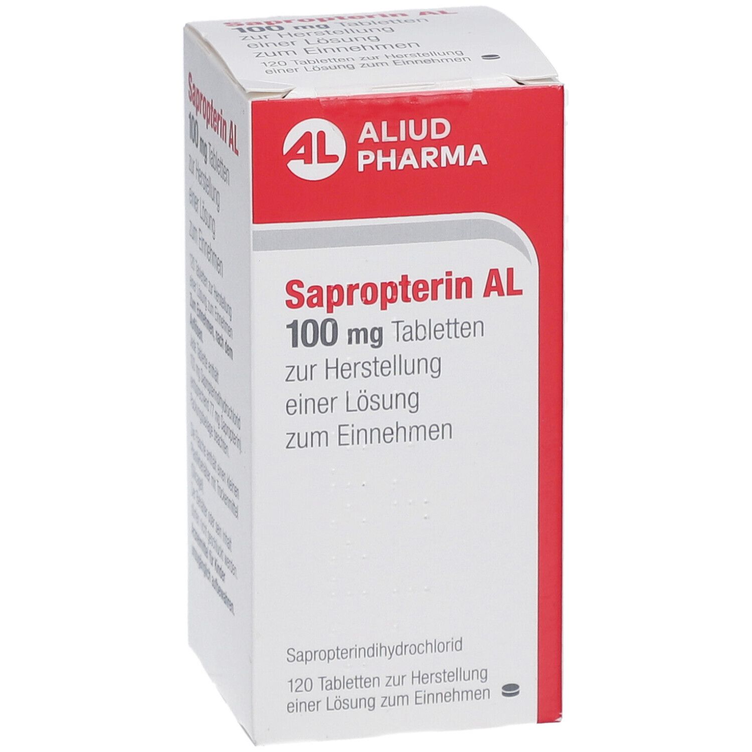 Schachtel mit roter und weißer Schrift. 'Sapropterin AL 100 mg Tabletten'. Logo 'ALIUD PHARMA'.