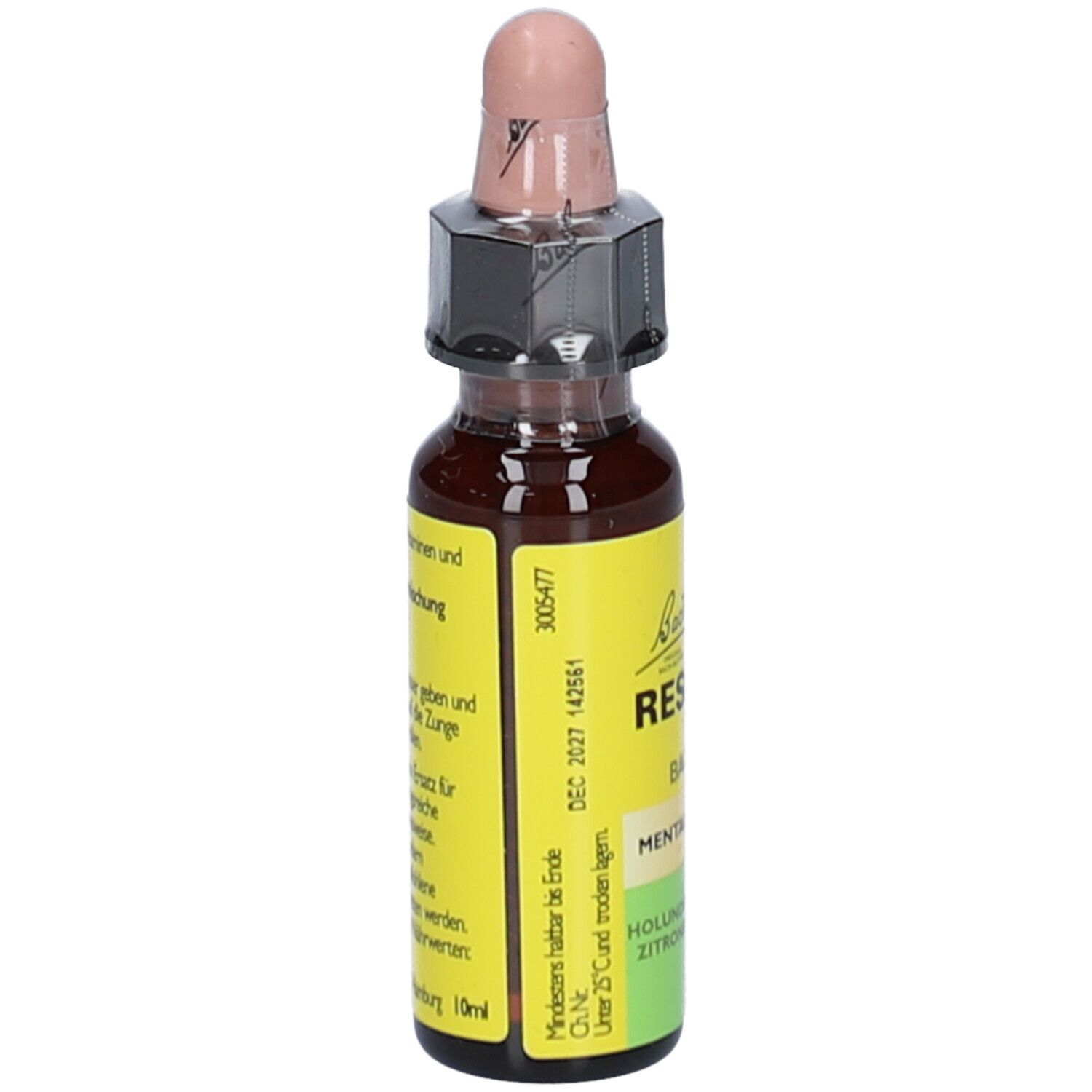 Braune Glasflasche mit Tropfer. Gelbes Etikett mit Text. Produktname nicht sichtbar. Tropfenflasche.