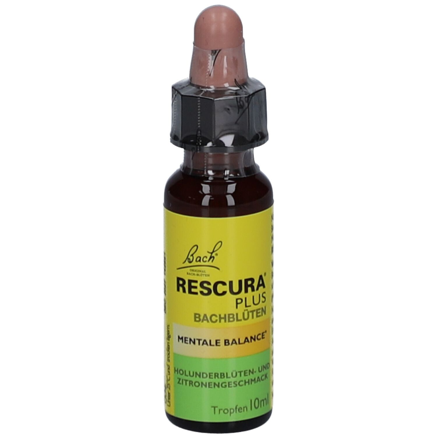 Braune Glasflasche mit Tropfer. Gelbes Etikett mit Text. Produktname nicht sichtbar. Tropfenflasche.