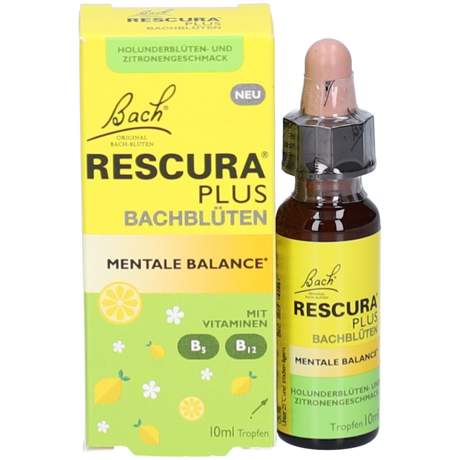 Produktverpackung mit Flasche. Gelbe Schachtel mit Produktname und Logo. Flasche mit Tropfer.