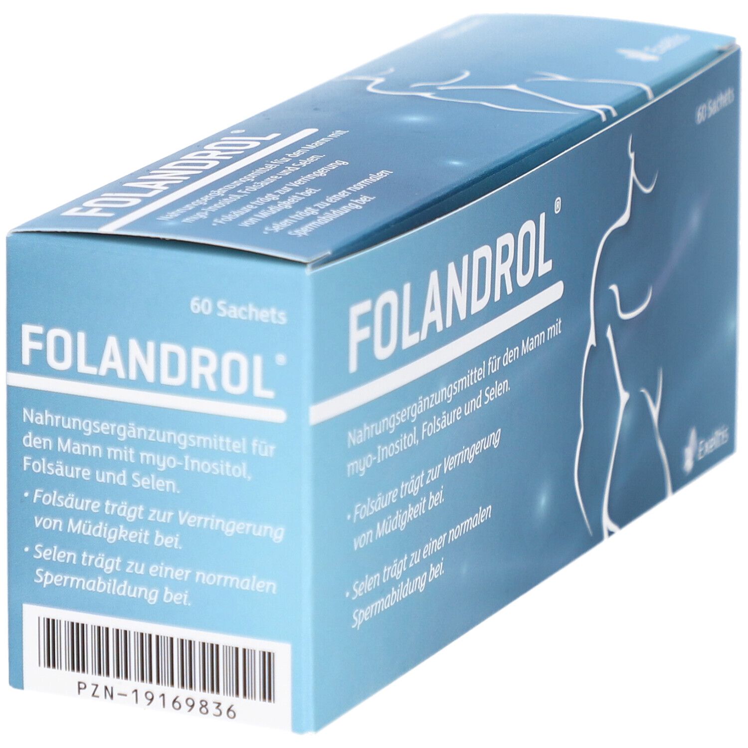 Blau-weiße Schachtel mit "FOLANDROL"-Schriftzug. Enthält 60 Sachets. Barcode und PZN-Nummer sichtbar.
