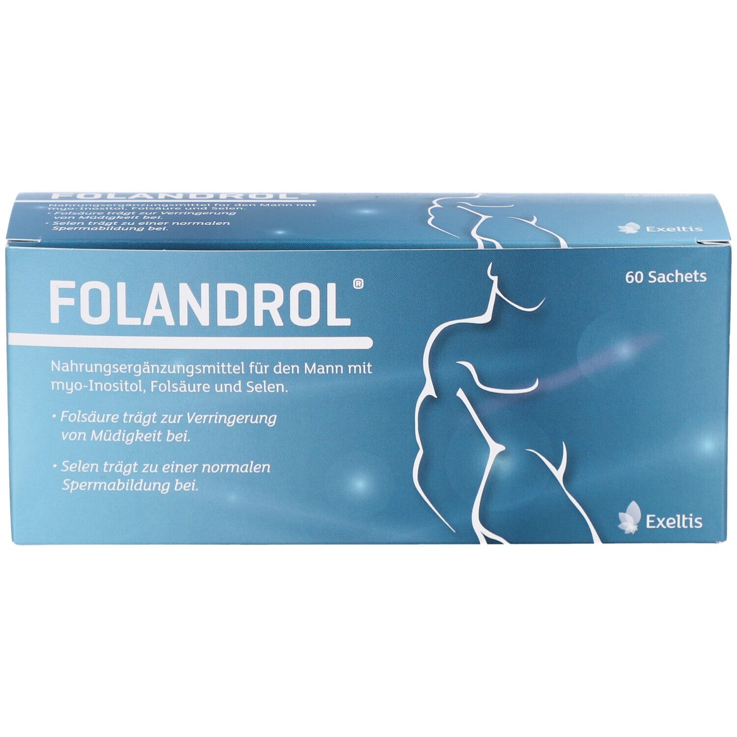 Blau-weiße Schachtel mit "FOLANDROL"-Schriftzug. Enthält 60 Sachets. Aufdrucke: Nahrungsergänzungsmittel, Inhaltsstoffe.
